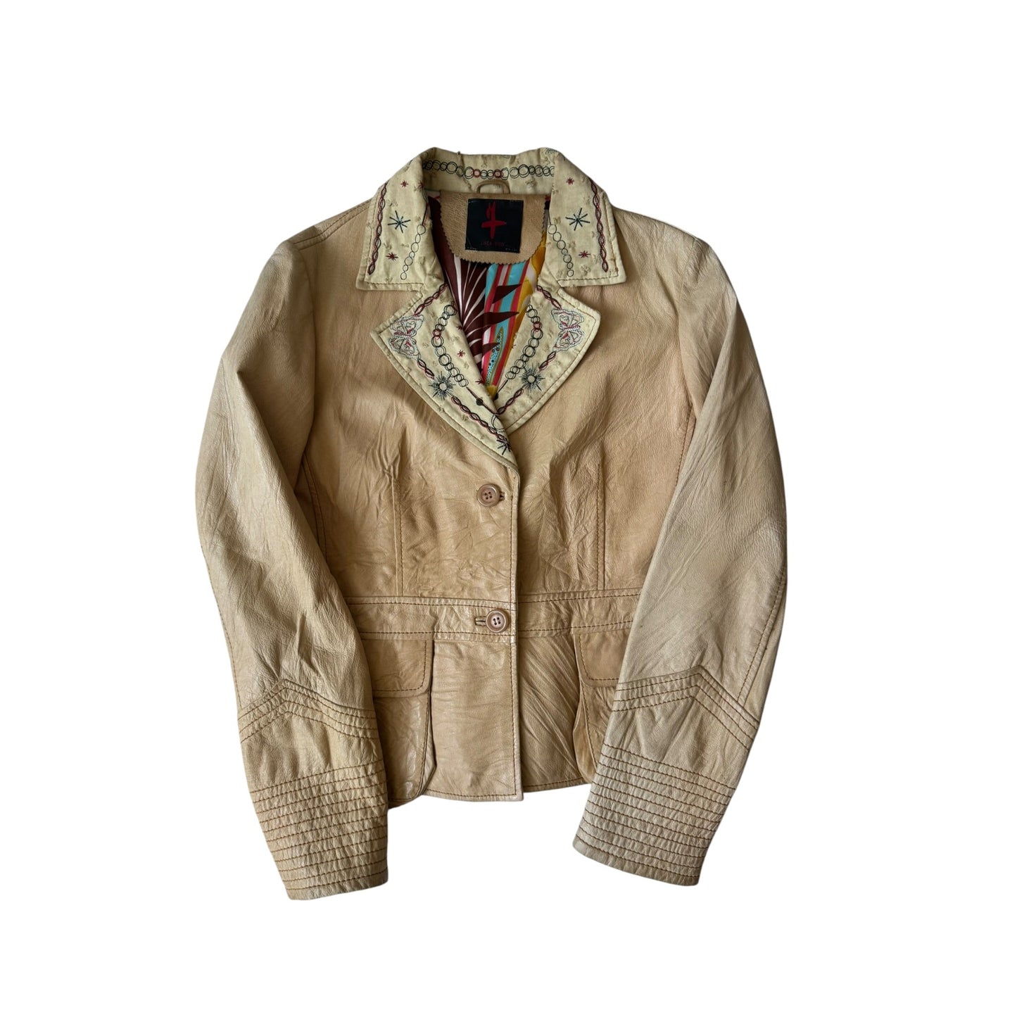 🪡 Blazer Y2K din Piele Crem cu Guler Textil Brodat – M – Made in Italy - anbracaminte