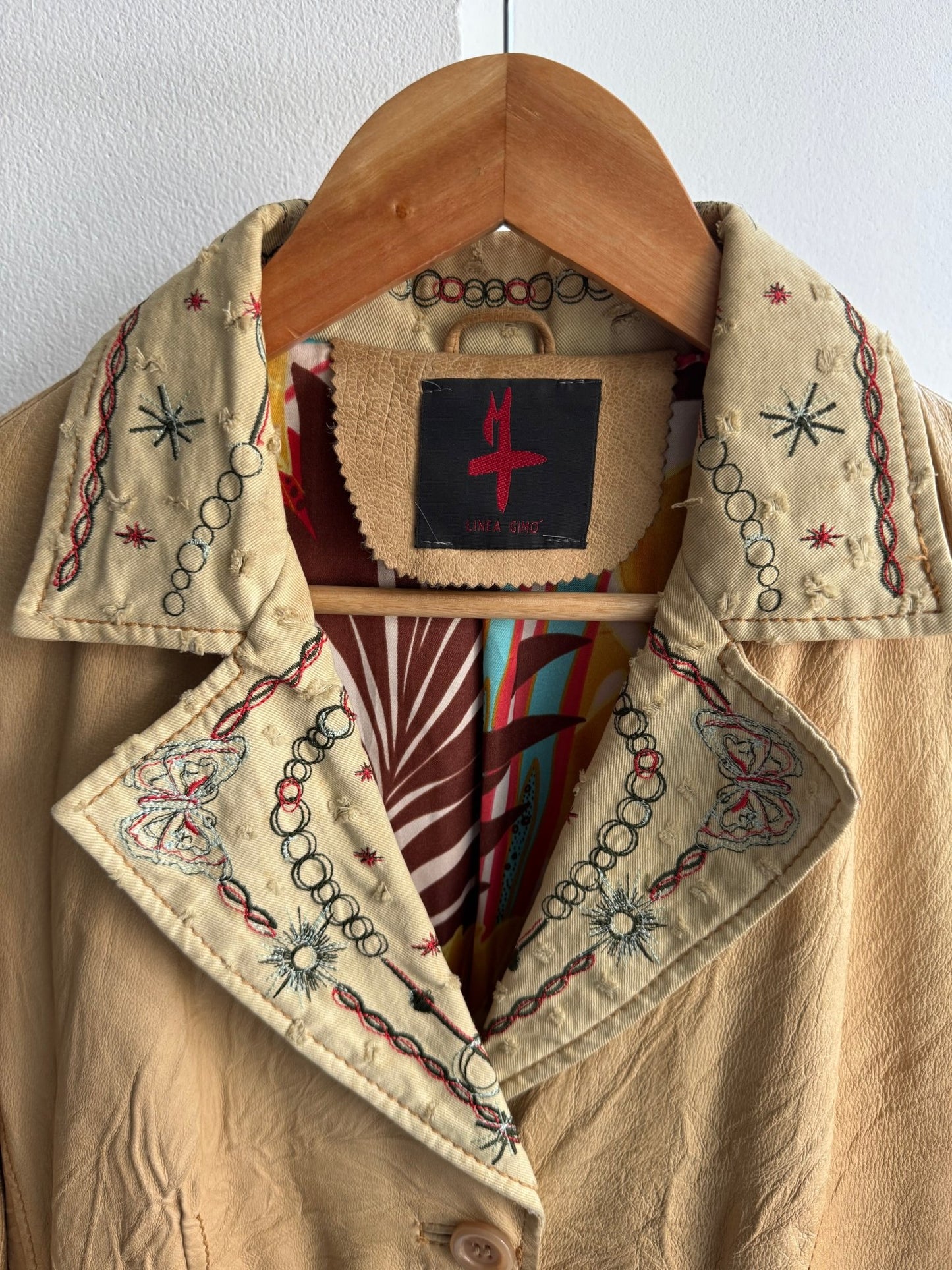 🪡 Blazer Y2K din Piele Crem cu Guler Textil Brodat – M – Made in Italy - anbracaminte