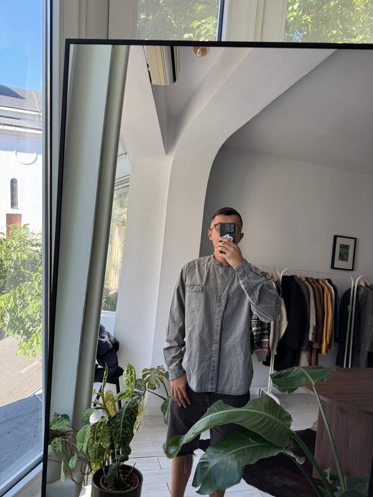 Cămașă Bumbac Gri Asimetrică Utility Style Vintage Anii '80 | L Bărbați (XL) - anbracaminte