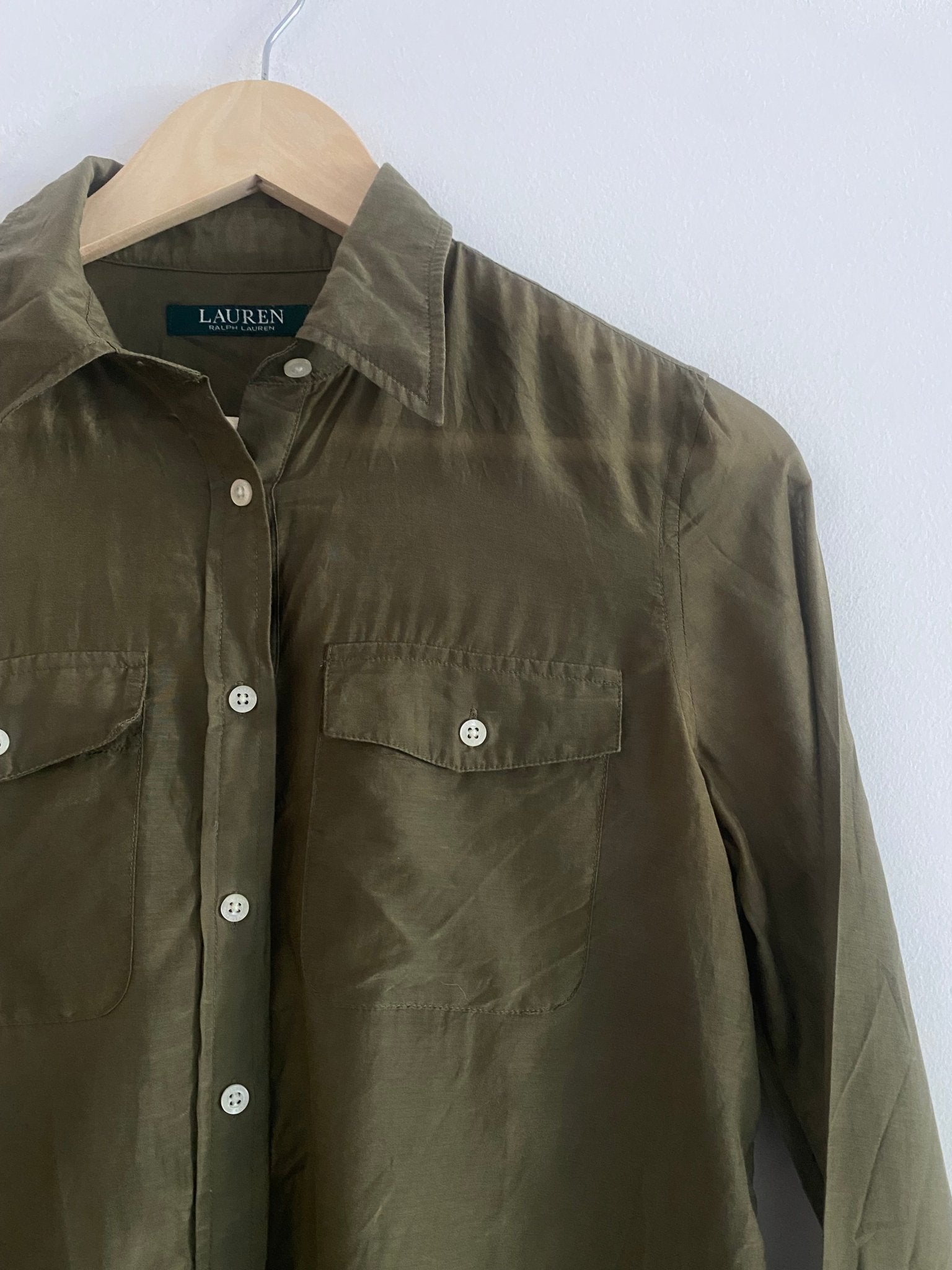 Cămașă Vintage Lauren by Ralph Lauren – Dark Olive – Bumbac & Mătase – Mărime XS - anbracaminte