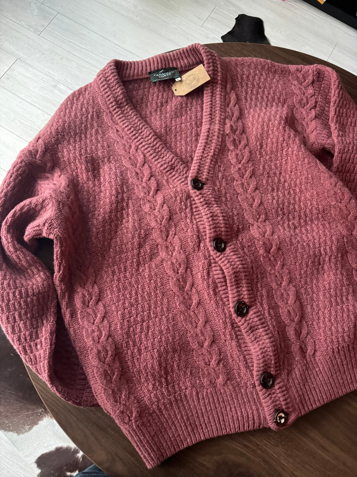 Cardigan Lână şi Mohair Roz Prăfuit Vintage Bărbați | Cable Knit | L - anbracaminte