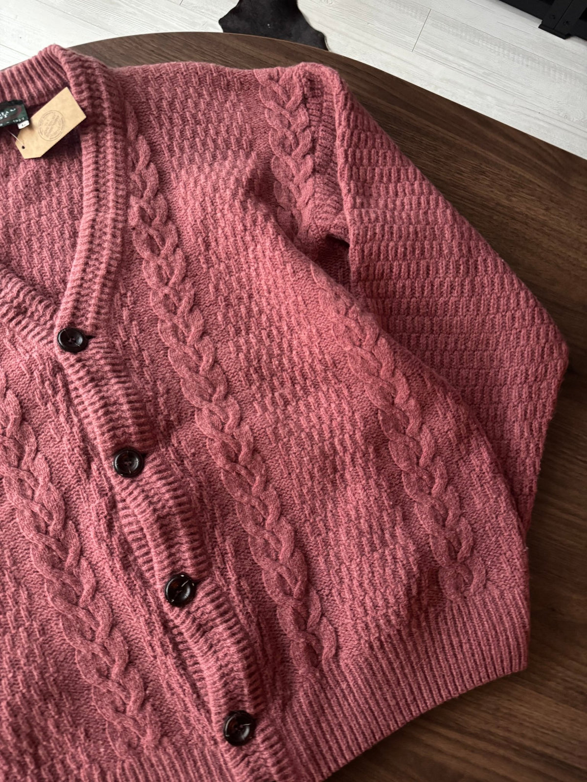 Cardigan Lână şi Mohair Roz Prăfuit Vintage Bărbați | Cable Knit | L - anbracaminte