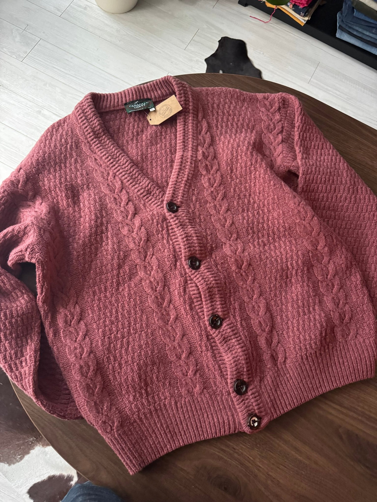 Cardigan Lână şi Mohair Roz Prăfuit Vintage Bărbați | Cable Knit | L - anbracaminte