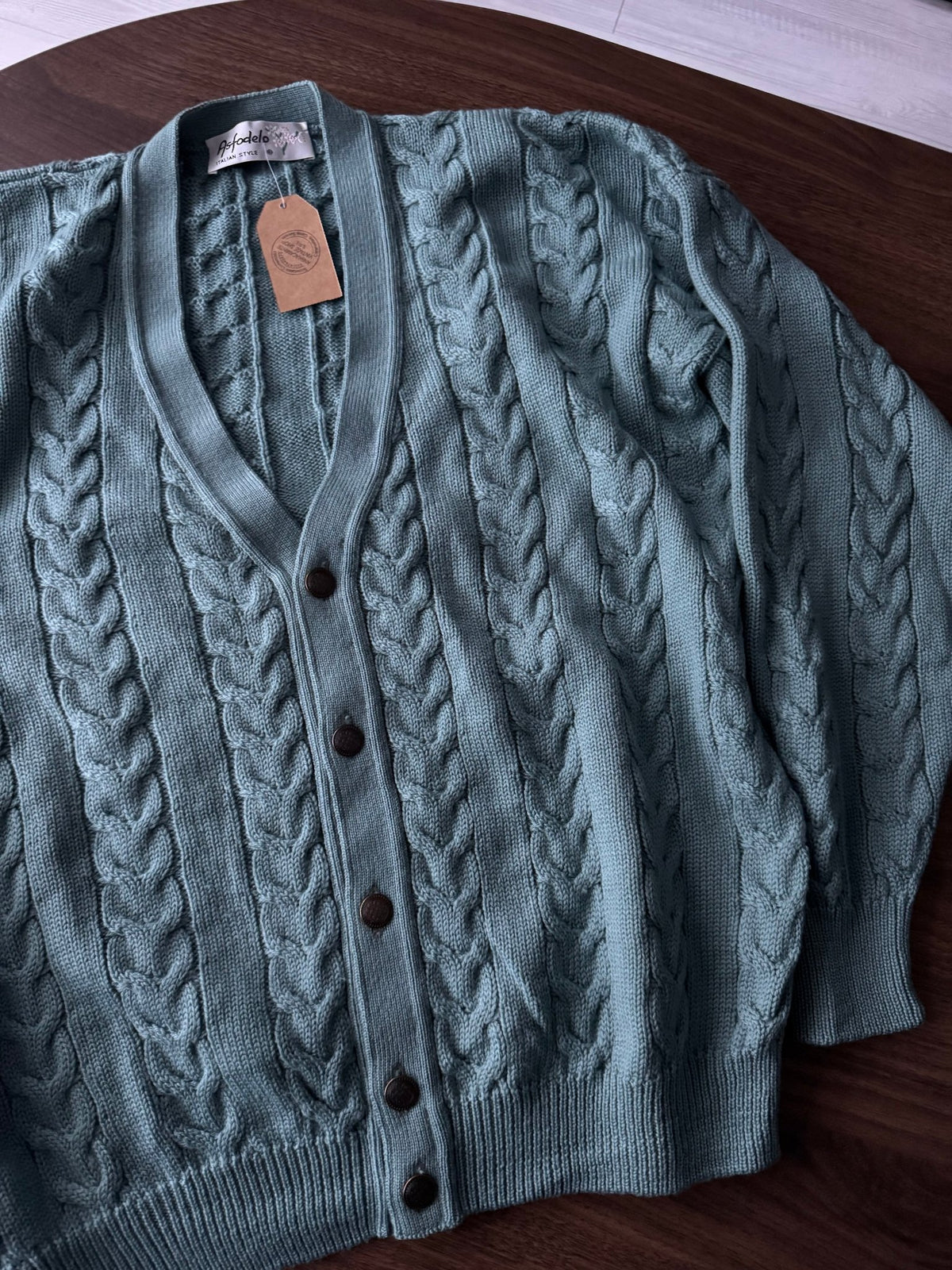 Cardigan Lână Verde - Albastru Teal Vintage Bărbați | Cable Knit | L - anbracaminte