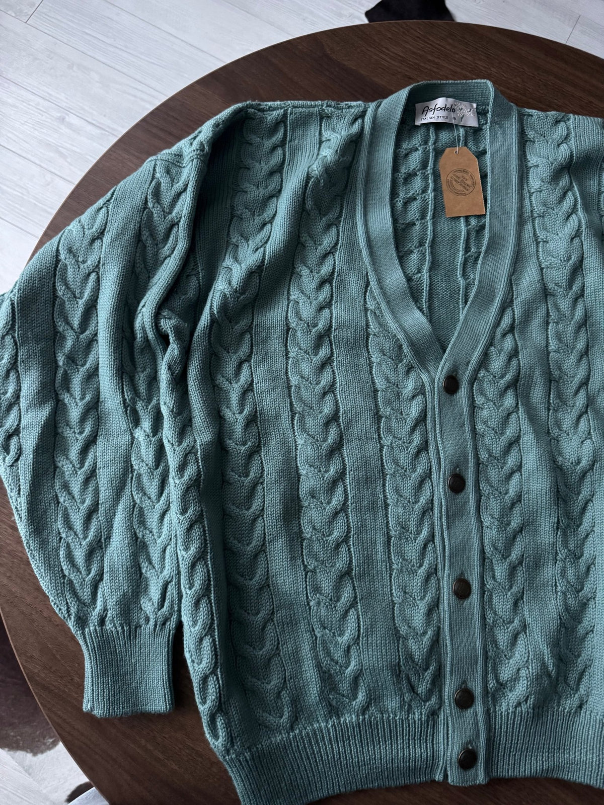 Cardigan Lână Verde - Albastru Teal Vintage Bărbați | Cable Knit | L - anbracaminte