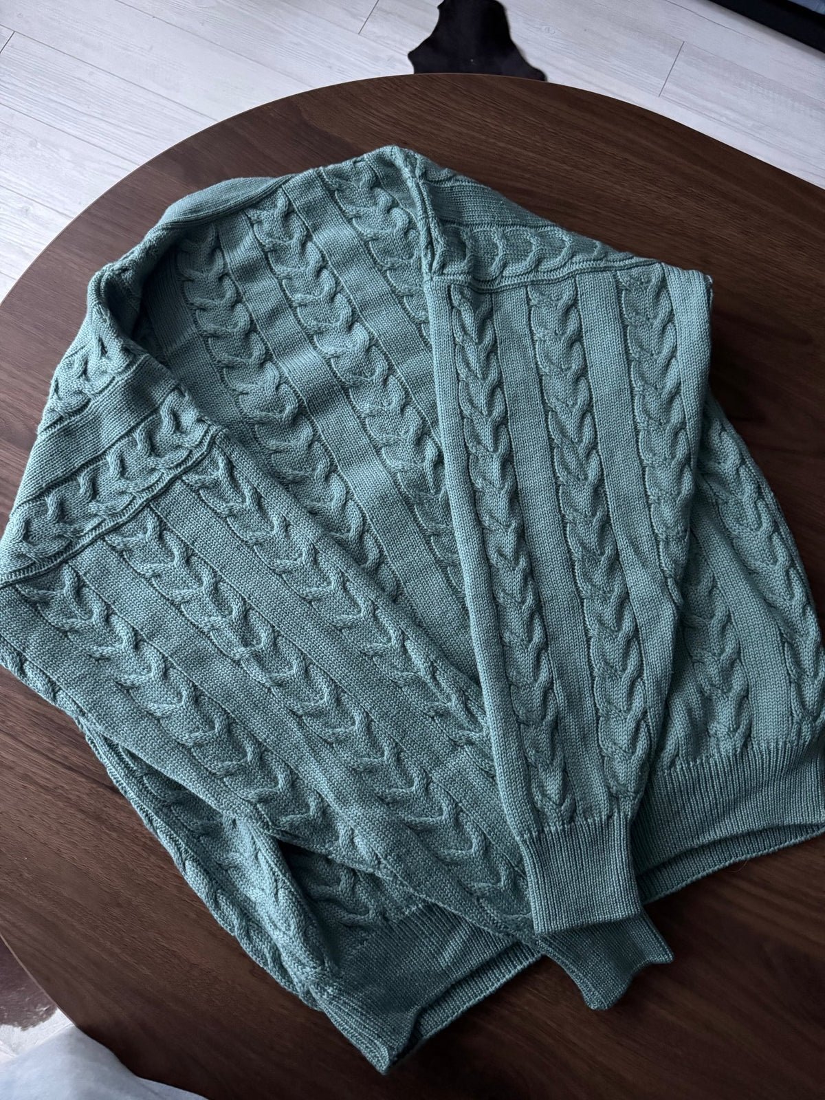 Cardigan Lână Verde - Albastru Teal Vintage Bărbați | Cable Knit | L - anbracaminte