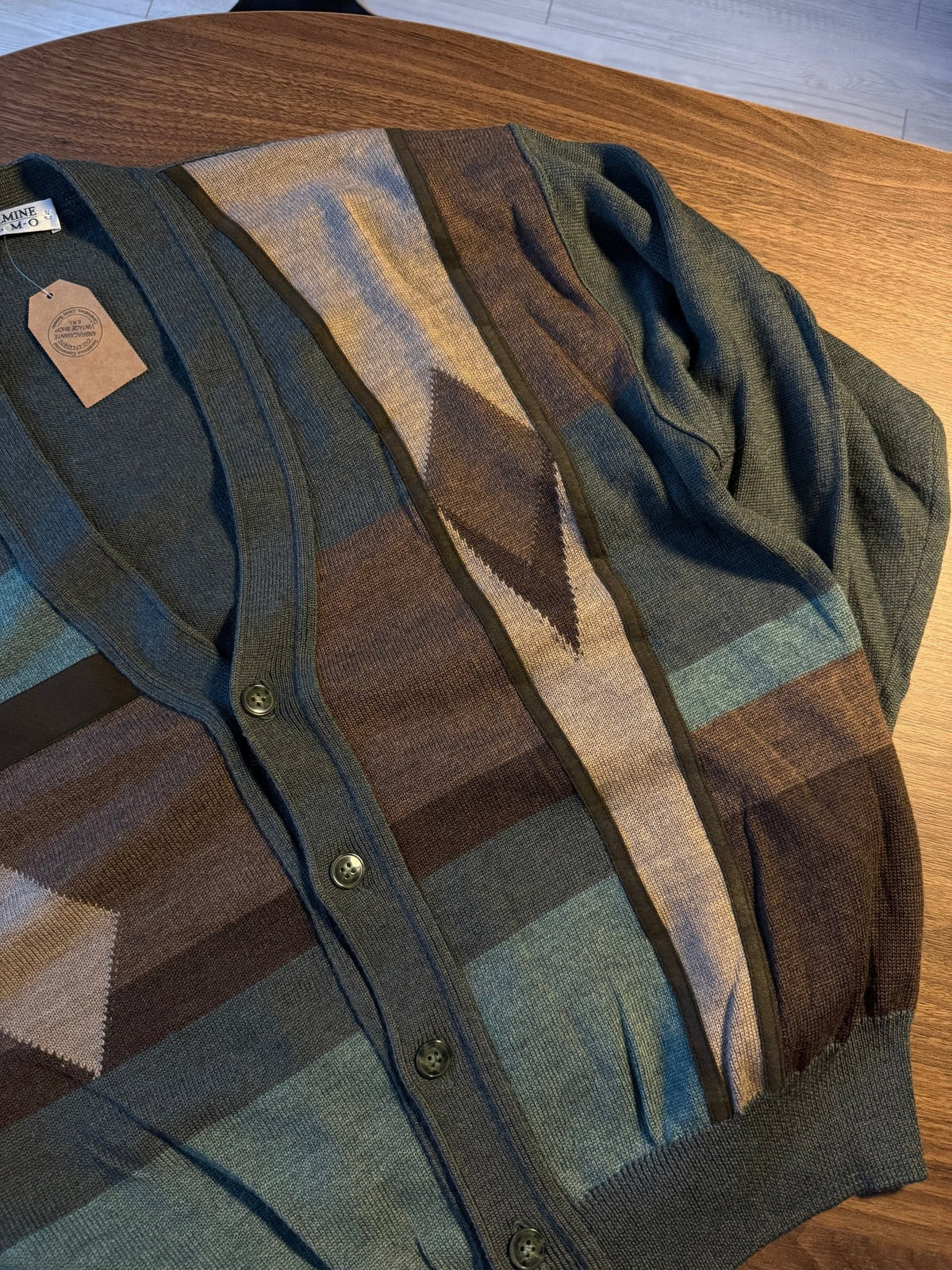 Cardigan Lână Verde Vintage Bărbați | Geometric | L - anbracaminte