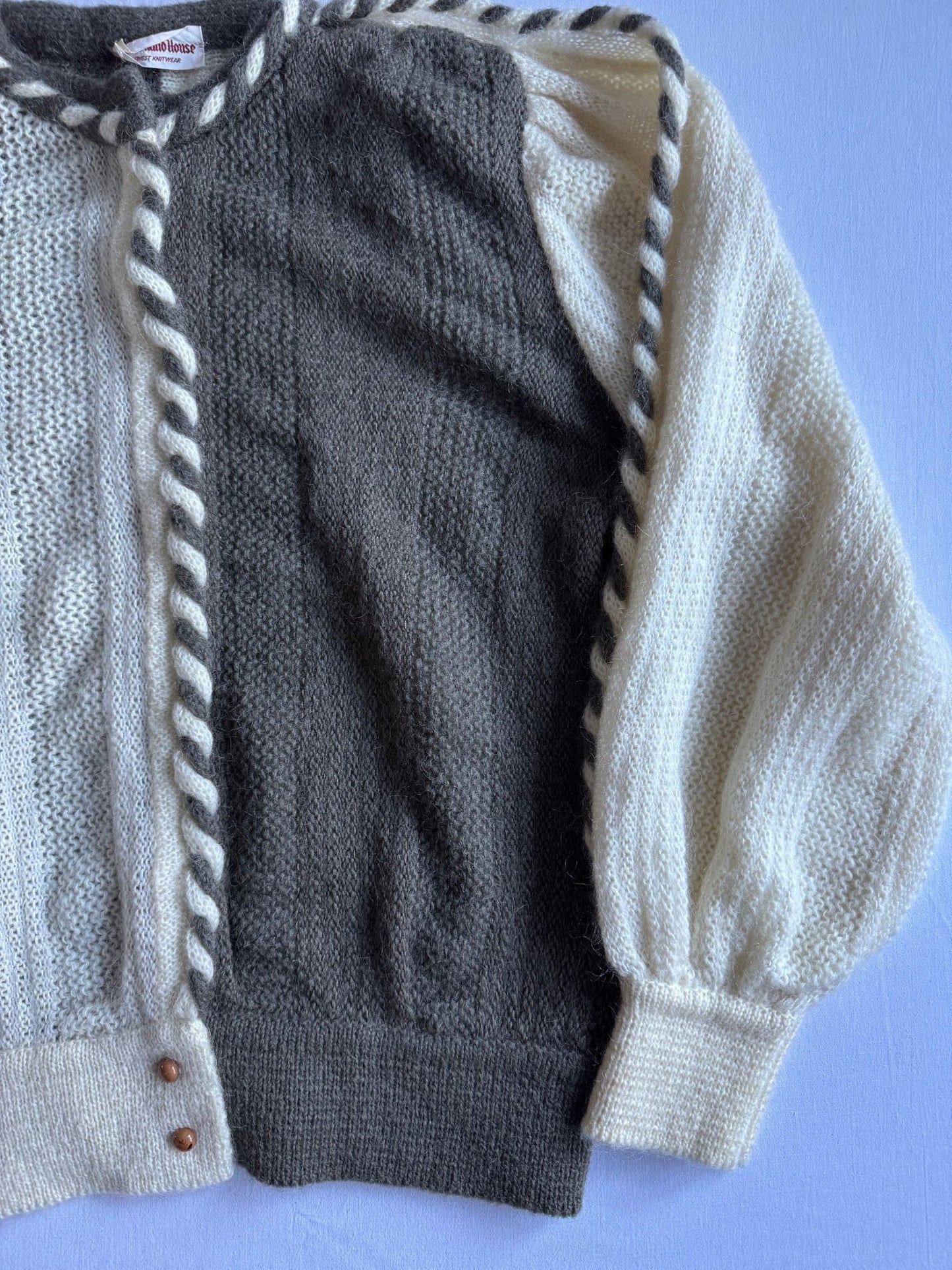 🐐 Cardigan Vintage Alb & Verde Militar / Contrast Mohair Blend (Mărime IT 42 - M Femei) - anbracaminte