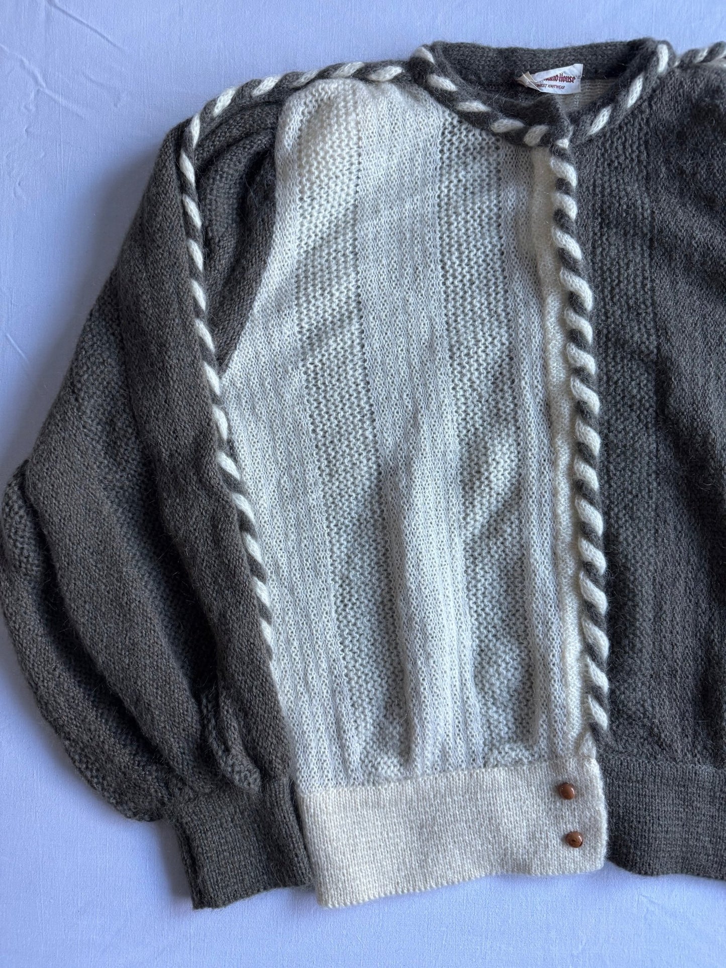 🐐 Cardigan Vintage Alb & Verde Militar / Contrast Mohair Blend (Mărime IT 42 - M Femei) - anbracaminte