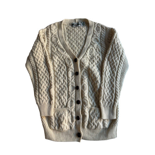 🧶 Cardigan Vintage Aran Crafts / Tricot Torsadat Alb Natural (Mărime M - Femei) - anbracaminte