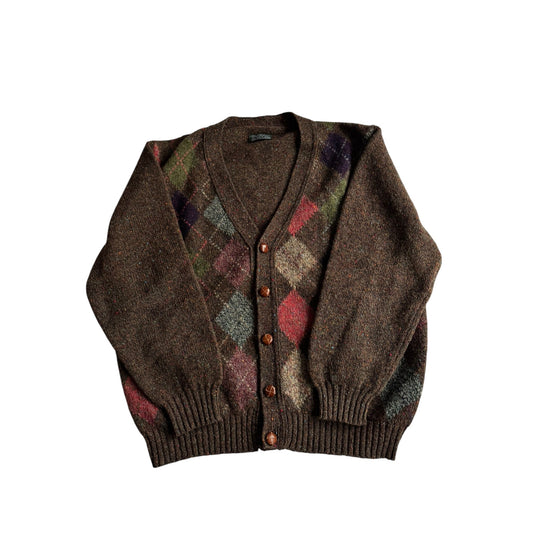 🧶 Cardigan Vintage Bărbați Maro din Lână Virgină cu Pattern Argyle – M - anbracaminte