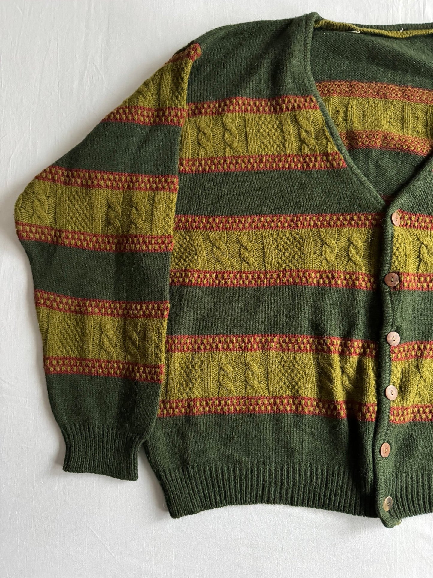 🧶 Cardigan Vintage Bărbați Verde cu Dungi din Lână Virgină, Alpaca și Acril – XL - anbracaminte