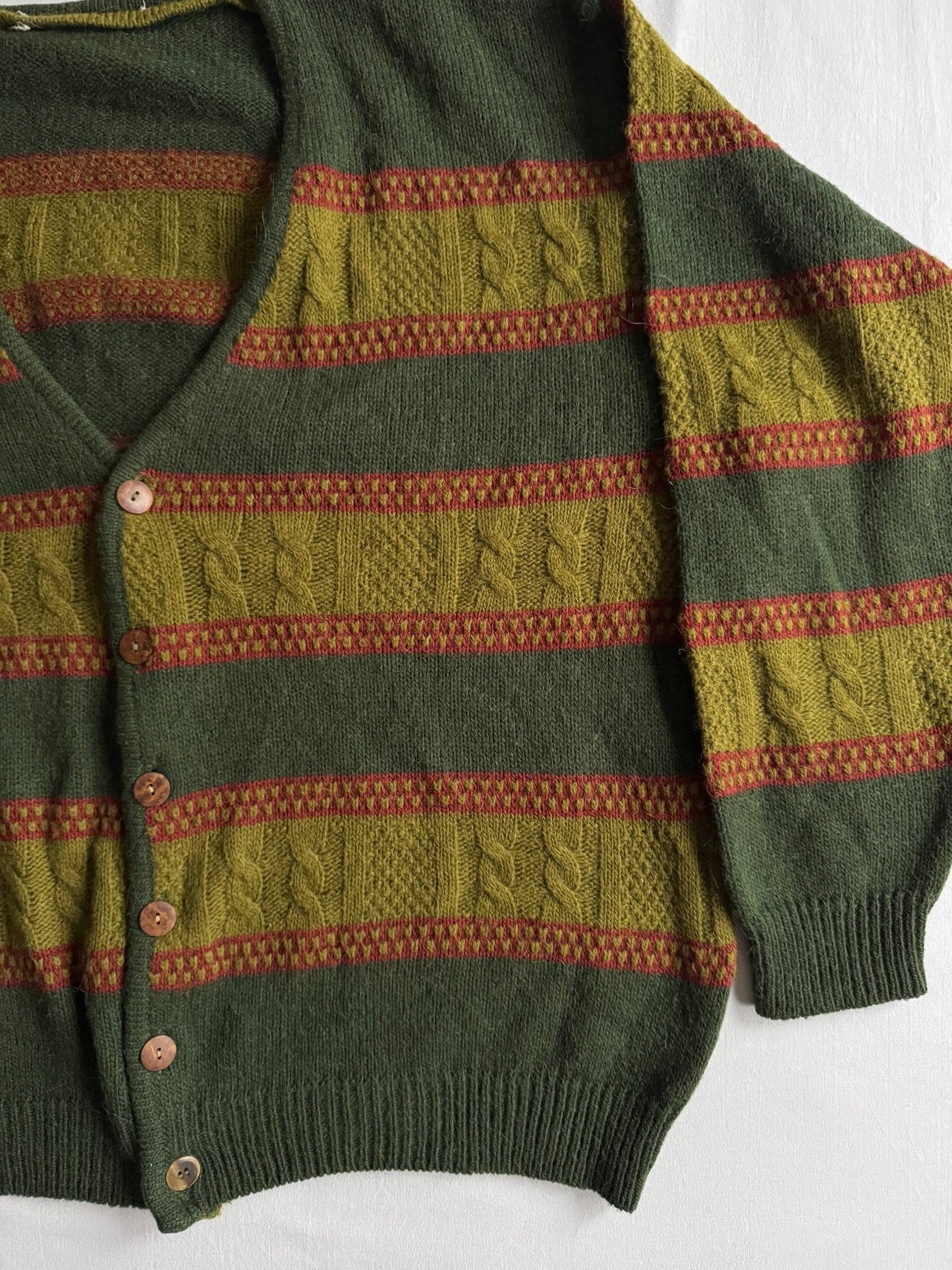 🧶 Cardigan Vintage Bărbați Verde cu Dungi din Lână Virgină, Alpaca și Acril – XL - anbracaminte