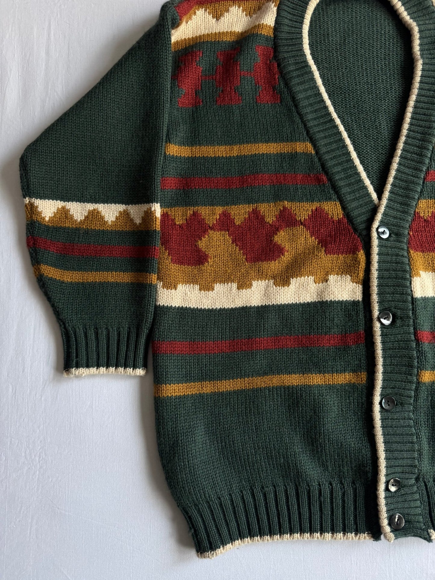 🧶 Cardigan Vintage Bărbați Verde cu Model Etnic – L - anbracaminte