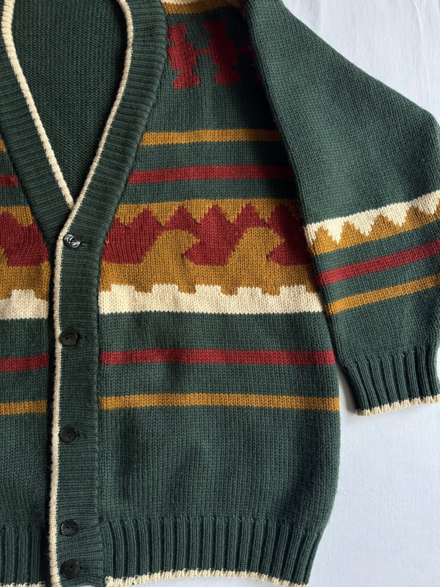 🧶 Cardigan Vintage Bărbați Verde cu Model Etnic – L - anbracaminte