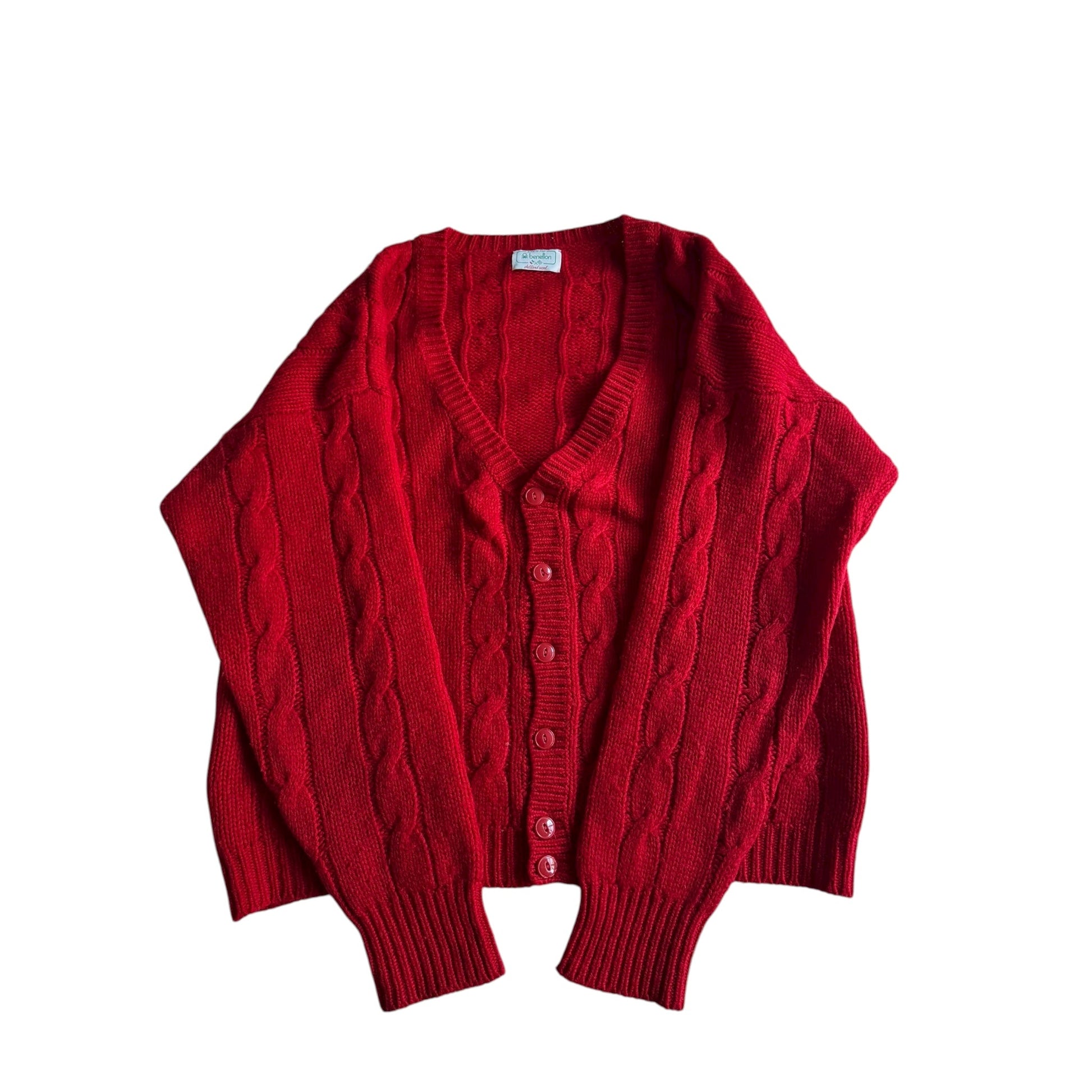 🍒 Cardigan Vintage Benetton Cable Knit / Tricot Torsadat Roșu (Mărime 52 - L/XL) - anbracaminte