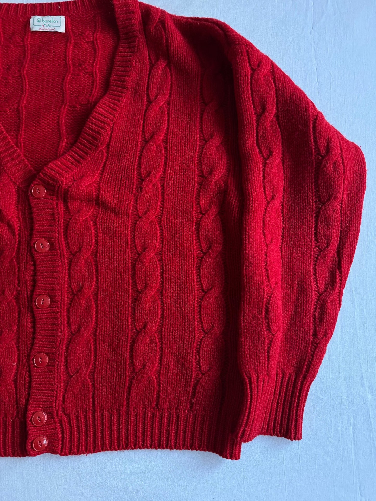 🍒 Cardigan Vintage Benetton Cable Knit / Tricot Torsadat Roșu (Mărime 52 - L/XL) - anbracaminte