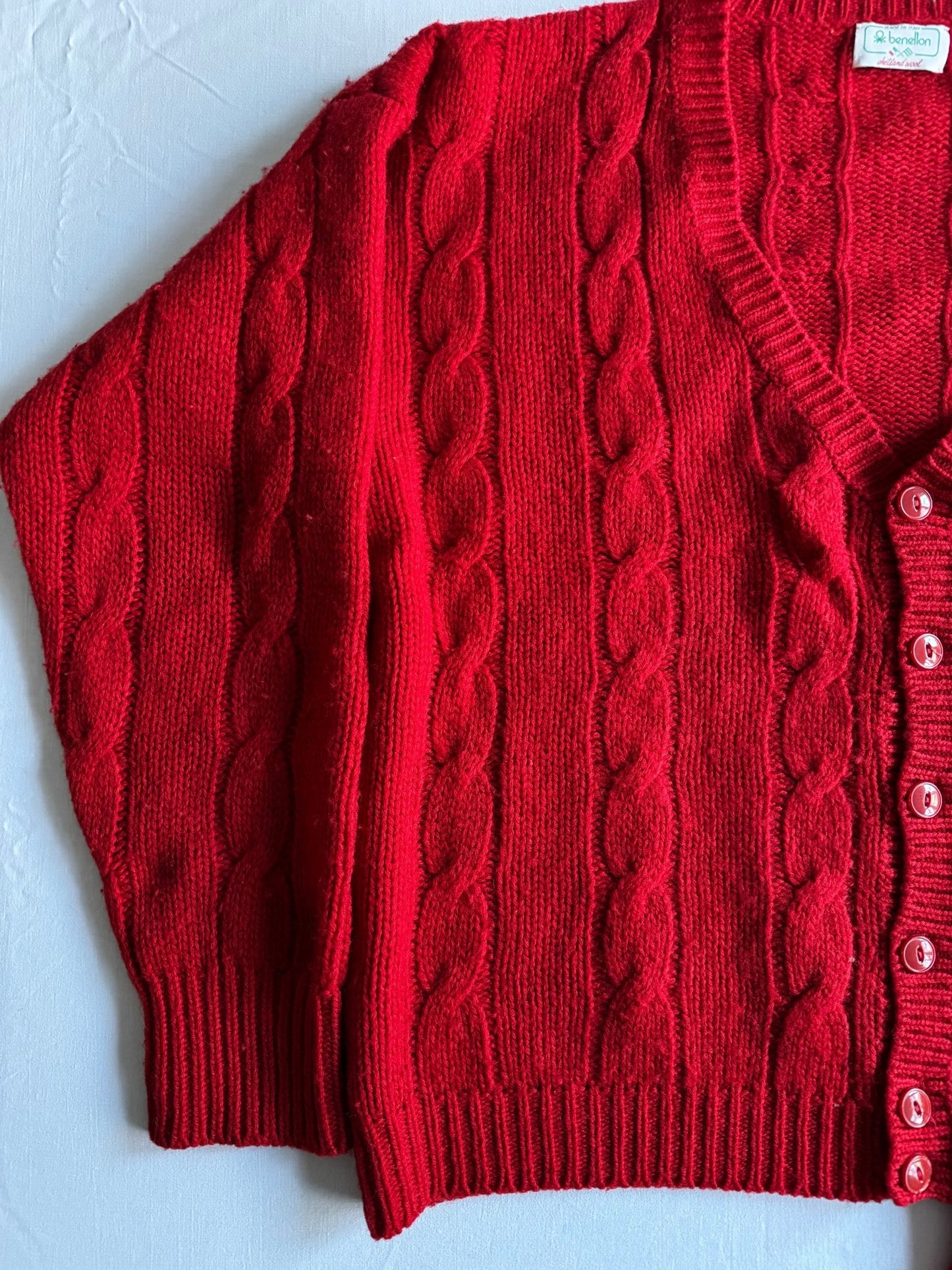 🍒 Cardigan Vintage Benetton Cable Knit / Tricot Torsadat Roșu (Mărime 52 - L/XL) - anbracaminte