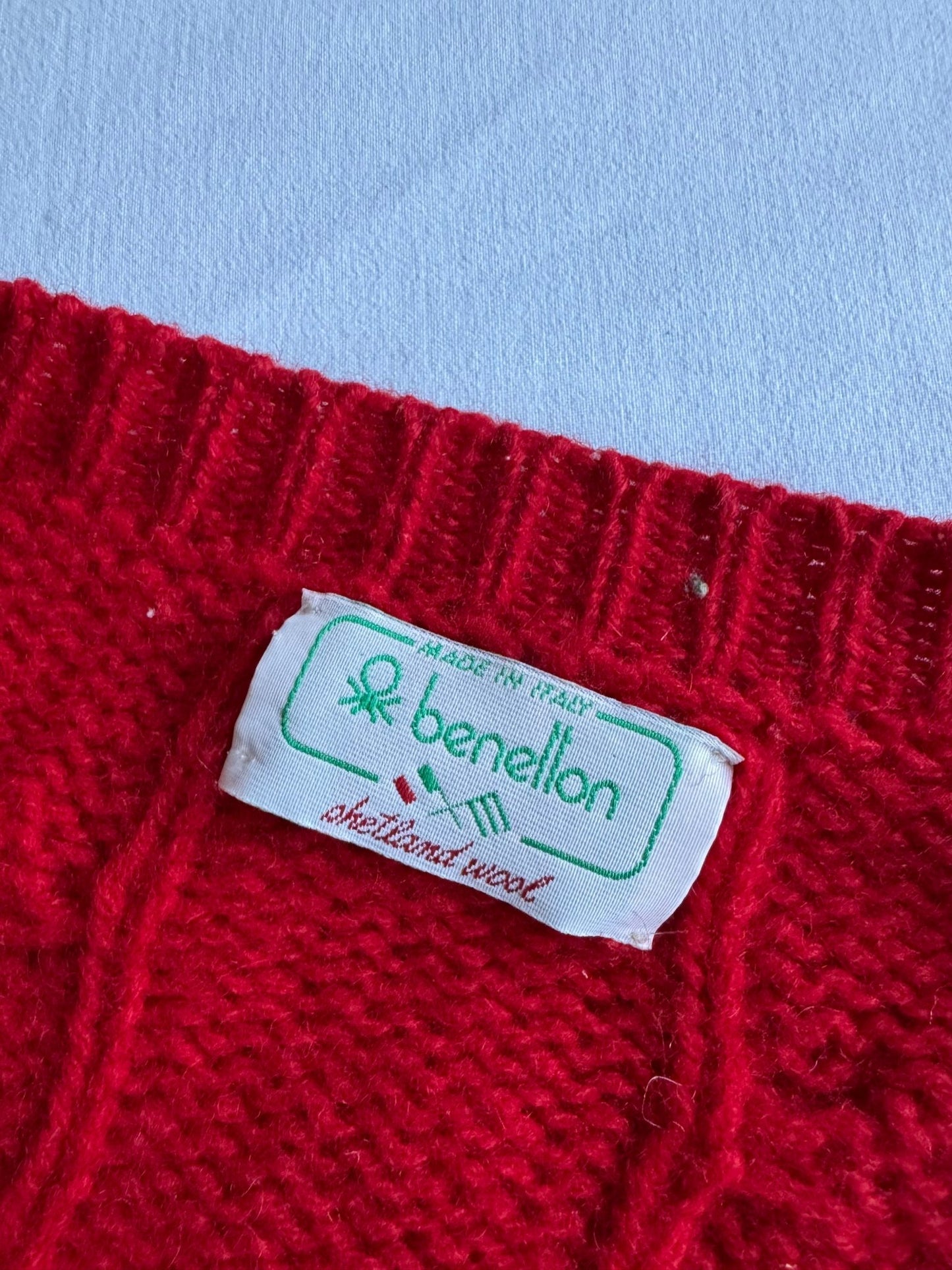 🍒 Cardigan Vintage Benetton Cable Knit / Tricot Torsadat Roșu (Mărime 52 - L/XL) - anbracaminte