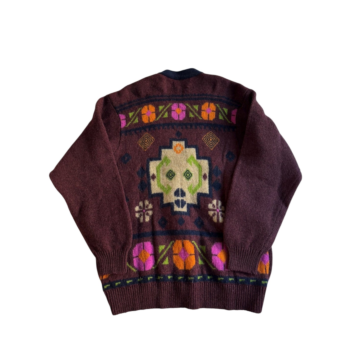 🧶 Cardigan Vintage Benetton Vișiniu / Model Abstract pe Spate (Mărime M) - anbracaminte