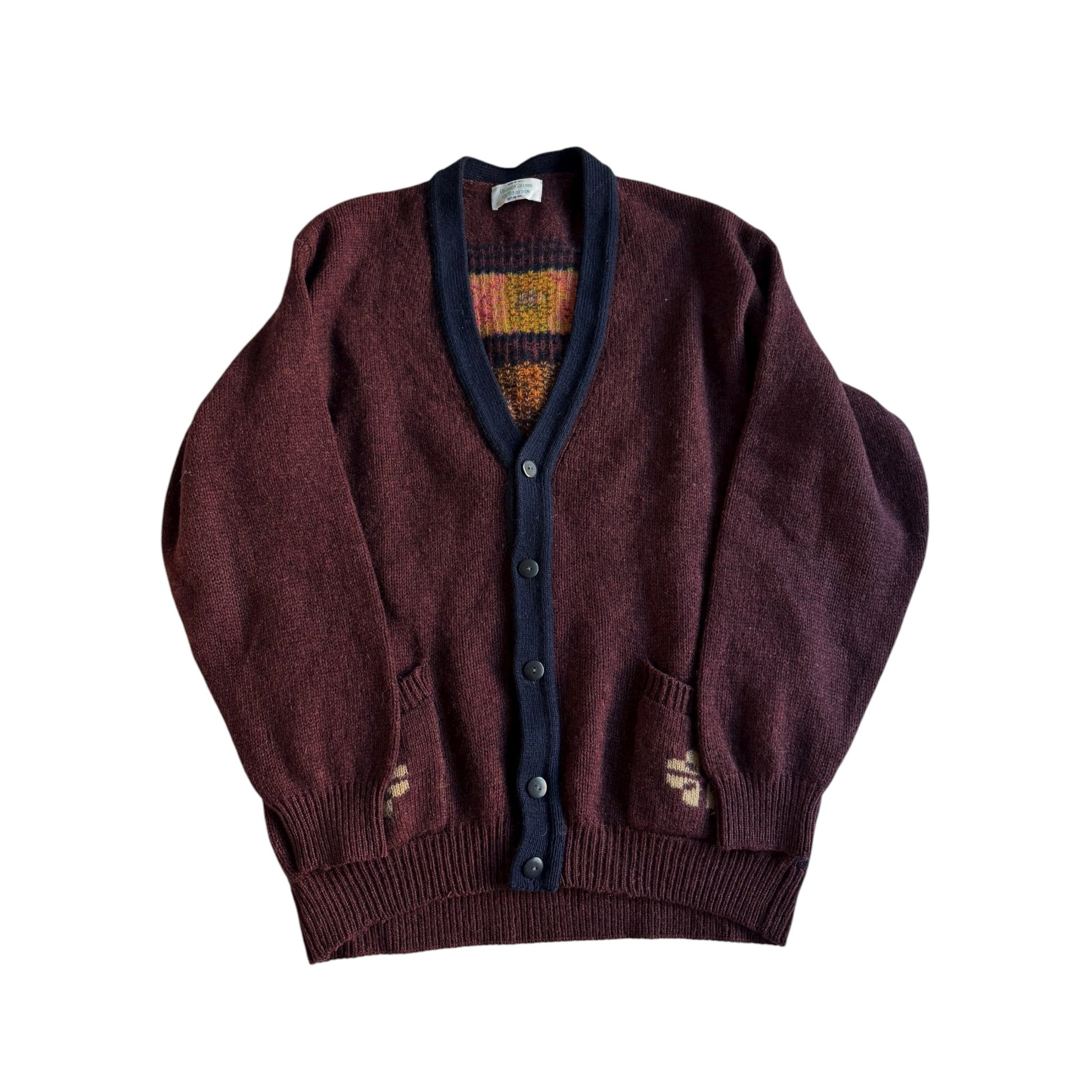🧶 Cardigan Vintage Benetton Vișiniu / Model Abstract pe Spate (Mărime M) - anbracaminte