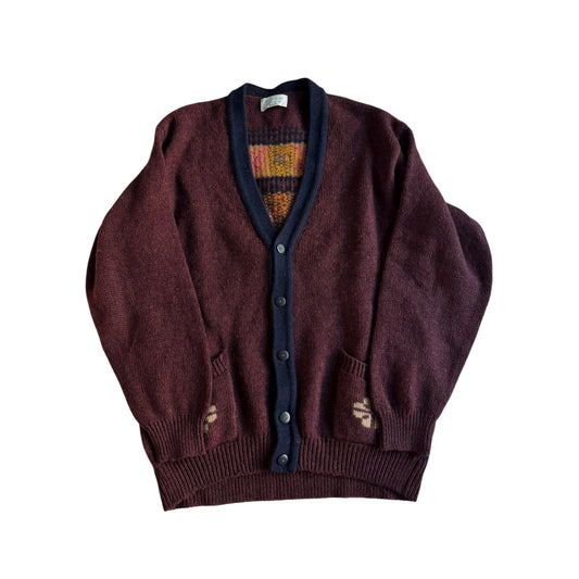 🧶 Cardigan Vintage Benetton Vișiniu / Model Abstract pe Spate (Mărime M) - anbracaminte