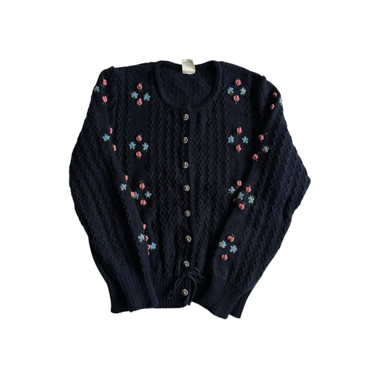 🧶 Cardigan Vintage Bleumarin Închis cu Broderie Florală – Mărime Aproximativ M/L (Femei) - anbracaminte