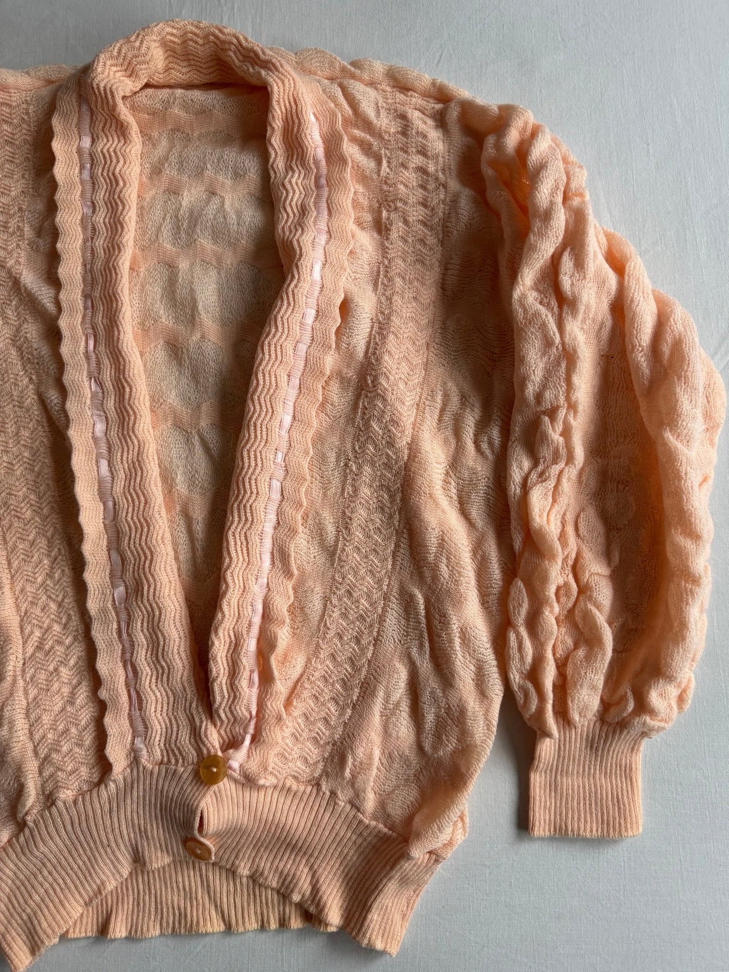 🧶 🍣 Cardigan Vintage Damă 70’s Salmon Pink - Orange din Lână Virgină – aprox. M / L - anbracaminte