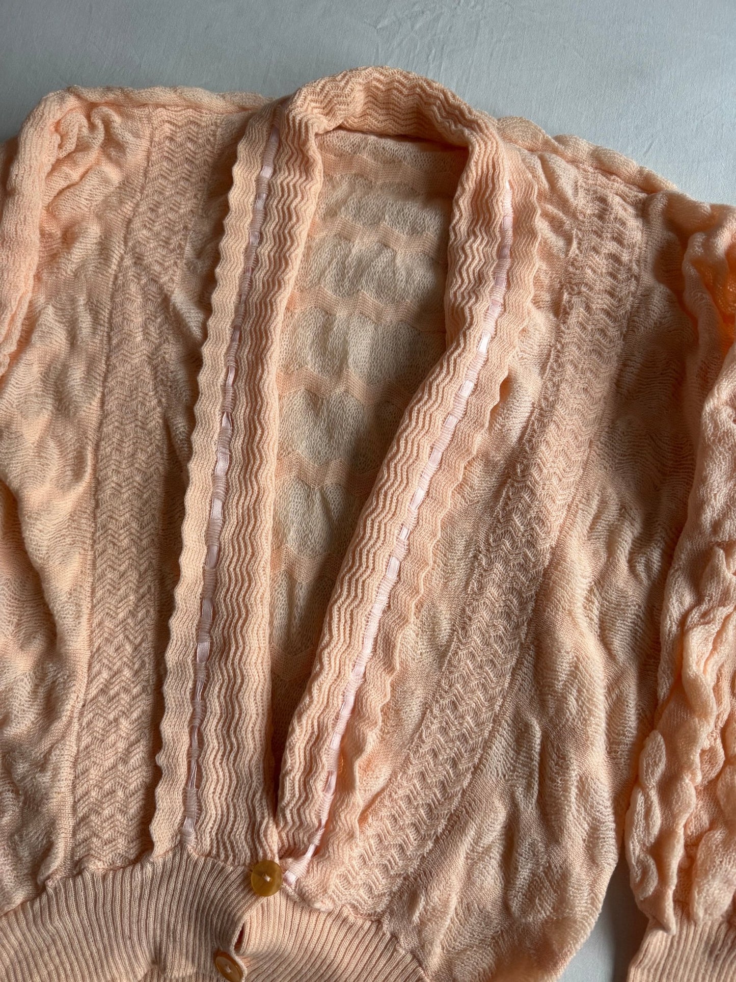🧶 🍣 Cardigan Vintage Damă 70’s Salmon Pink - Orange din Lână Virgină – aprox. M / L - anbracaminte