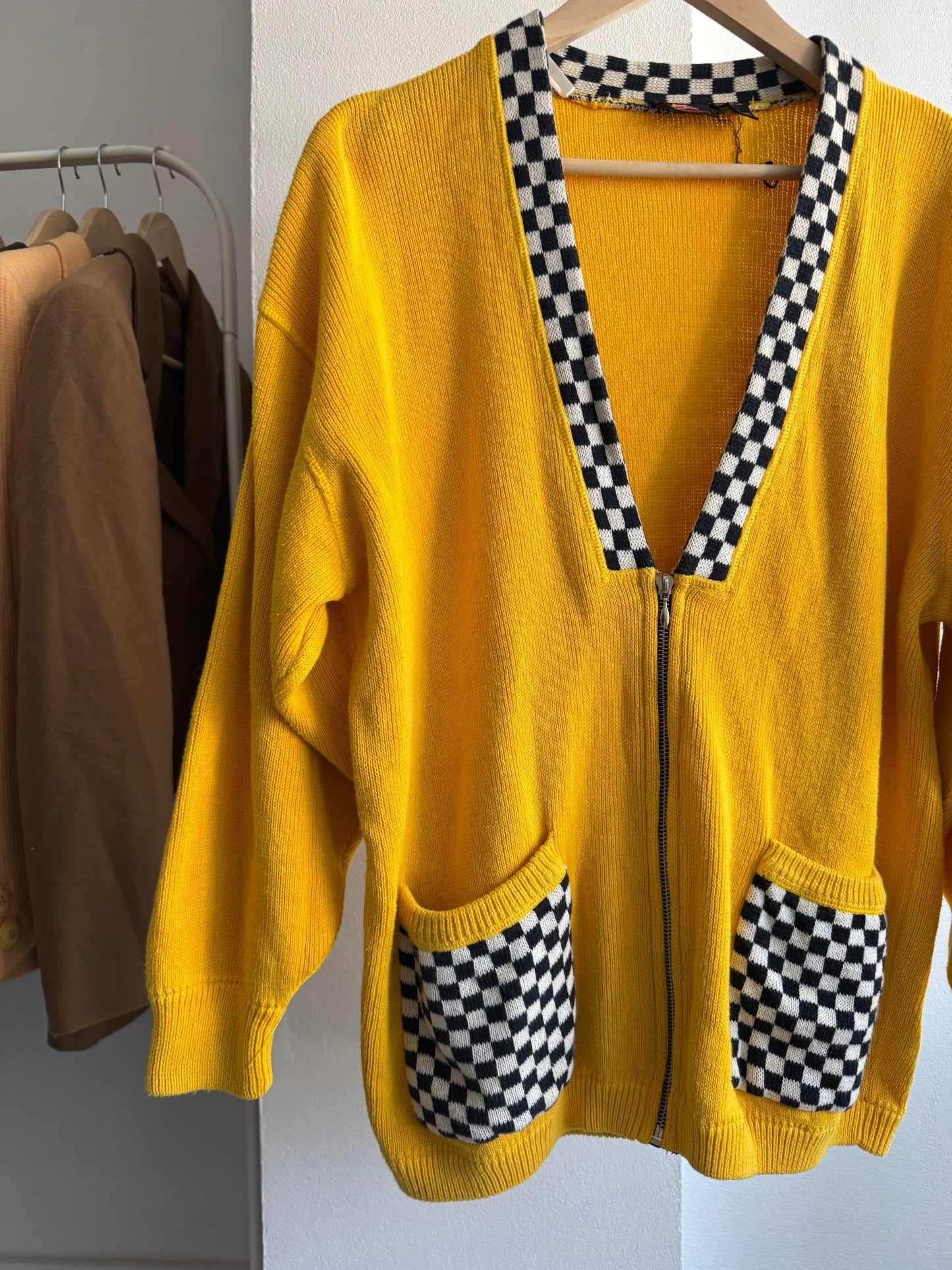 🏁 Cardigan Vintage Damă din Bumbac Galben cu Motive Racing – L - anbracaminte