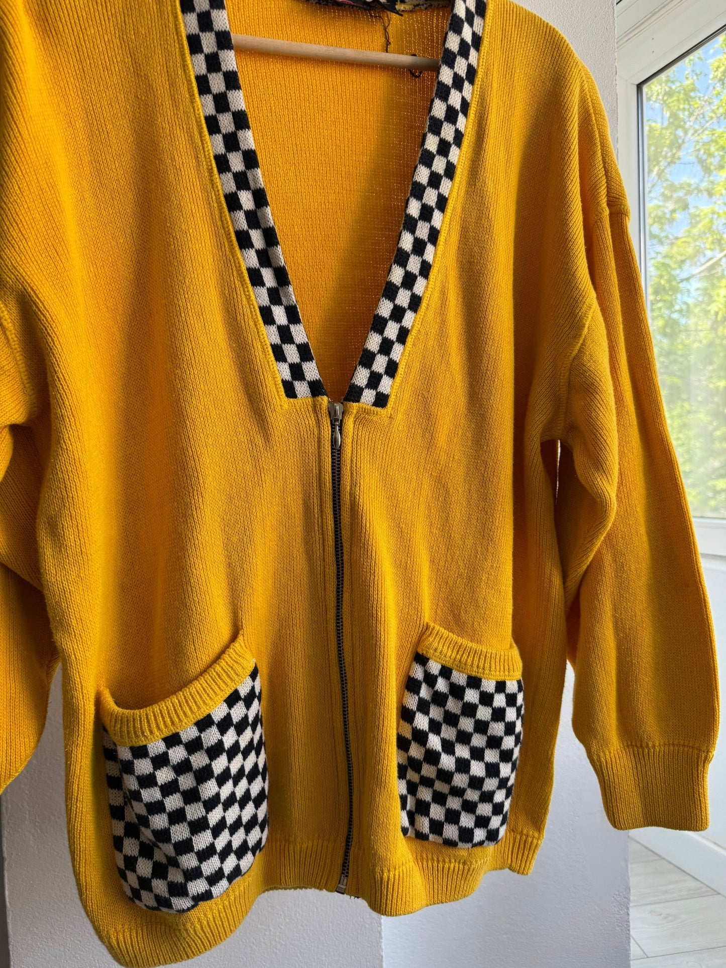 🏁 Cardigan Vintage Damă din Bumbac Galben cu Motive Racing – L - anbracaminte