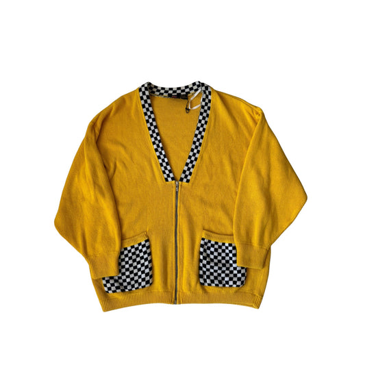 🏁 Cardigan Vintage Damă din Bumbac Galben cu Motive Racing – L - anbracaminte