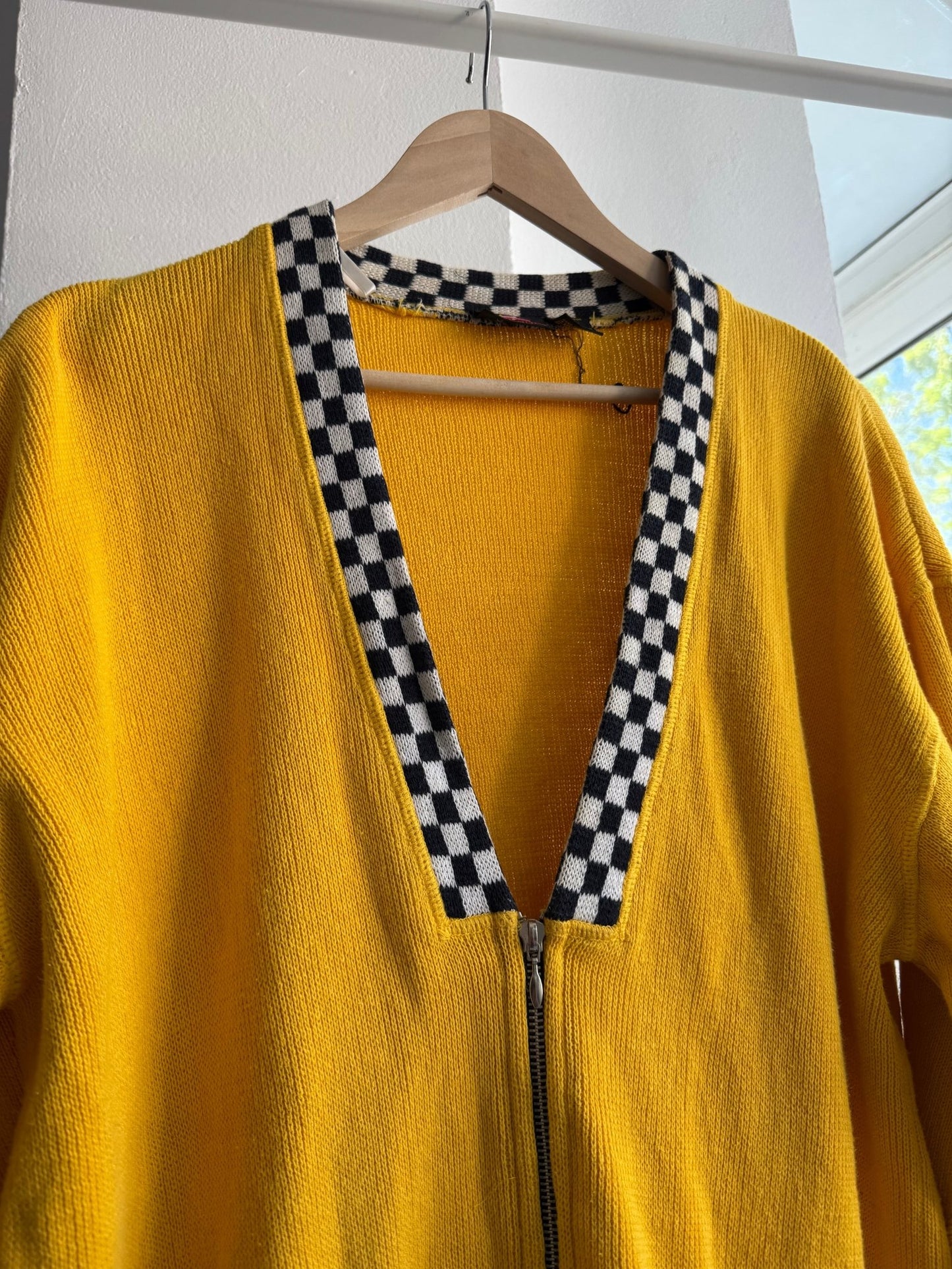 🏁 Cardigan Vintage Damă din Bumbac Galben cu Motive Racing – L - anbracaminte