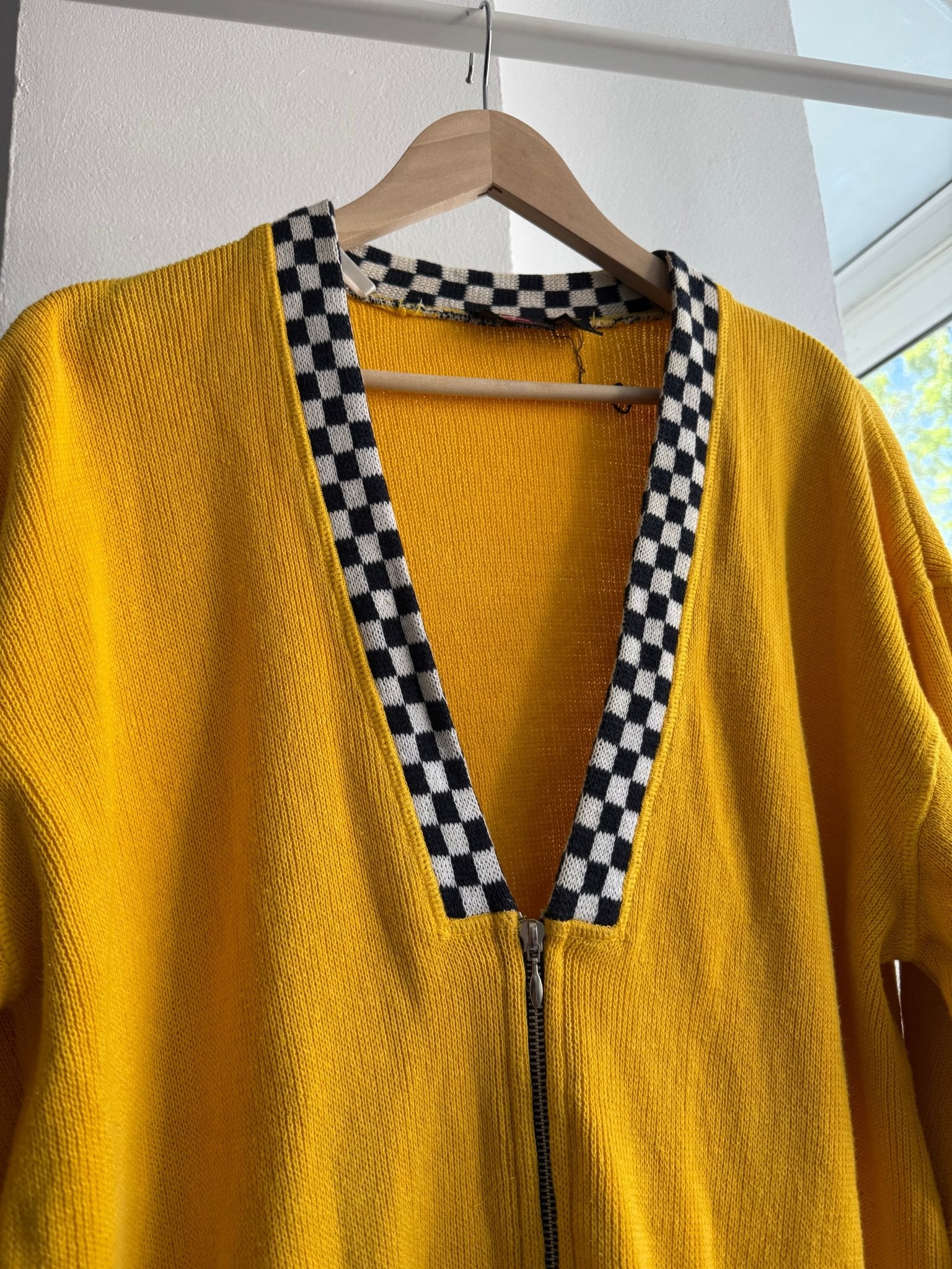 🏁 Cardigan Vintage Damă din Bumbac Galben cu Motive Racing – L - anbracaminte