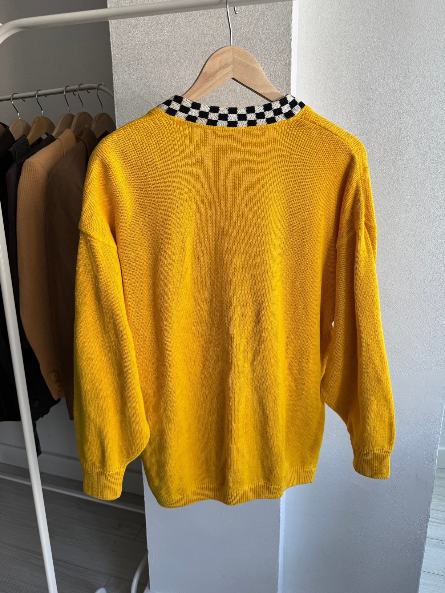 🏁 Cardigan Vintage Damă din Bumbac Galben cu Motive Racing – L - anbracaminte