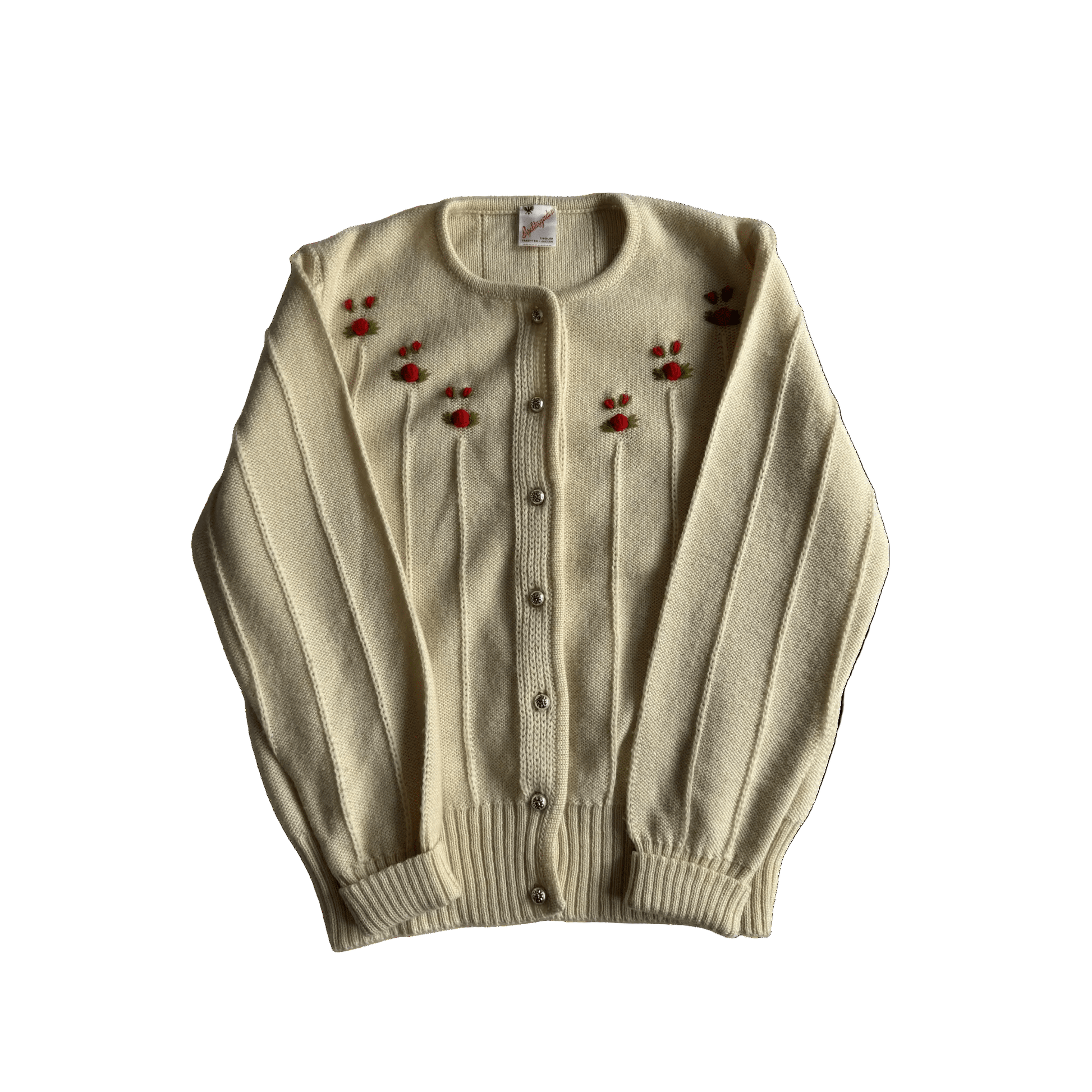 🧶 Cardigan Vintage Damă din Lână Virgină Alb Natural cu Broderie Trandafiri – S / M - anbracaminte