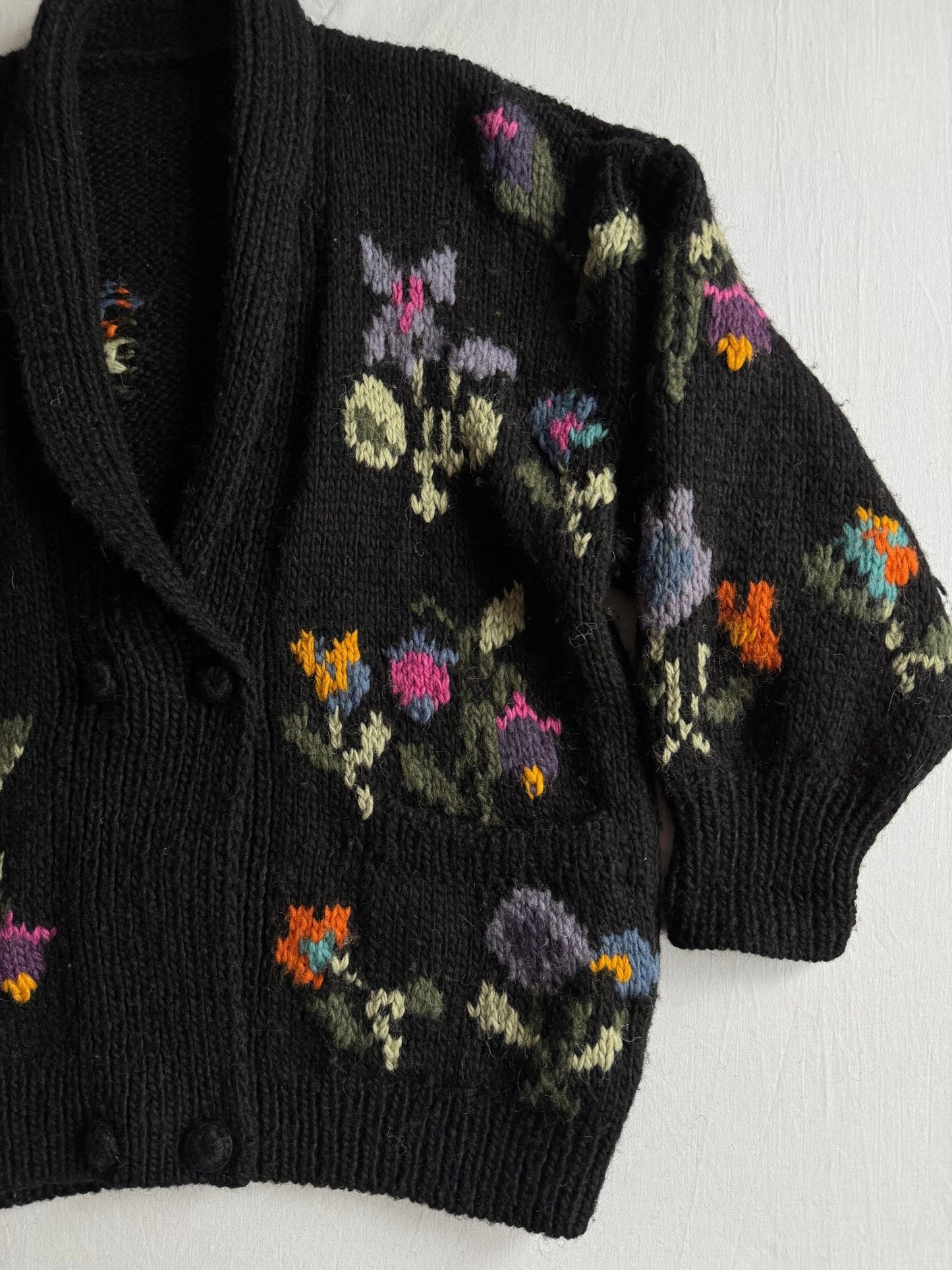 🌼 Cardigan Vintage Damă Negru din Lână cu Broderie Florală – aprox. L - anbracaminte