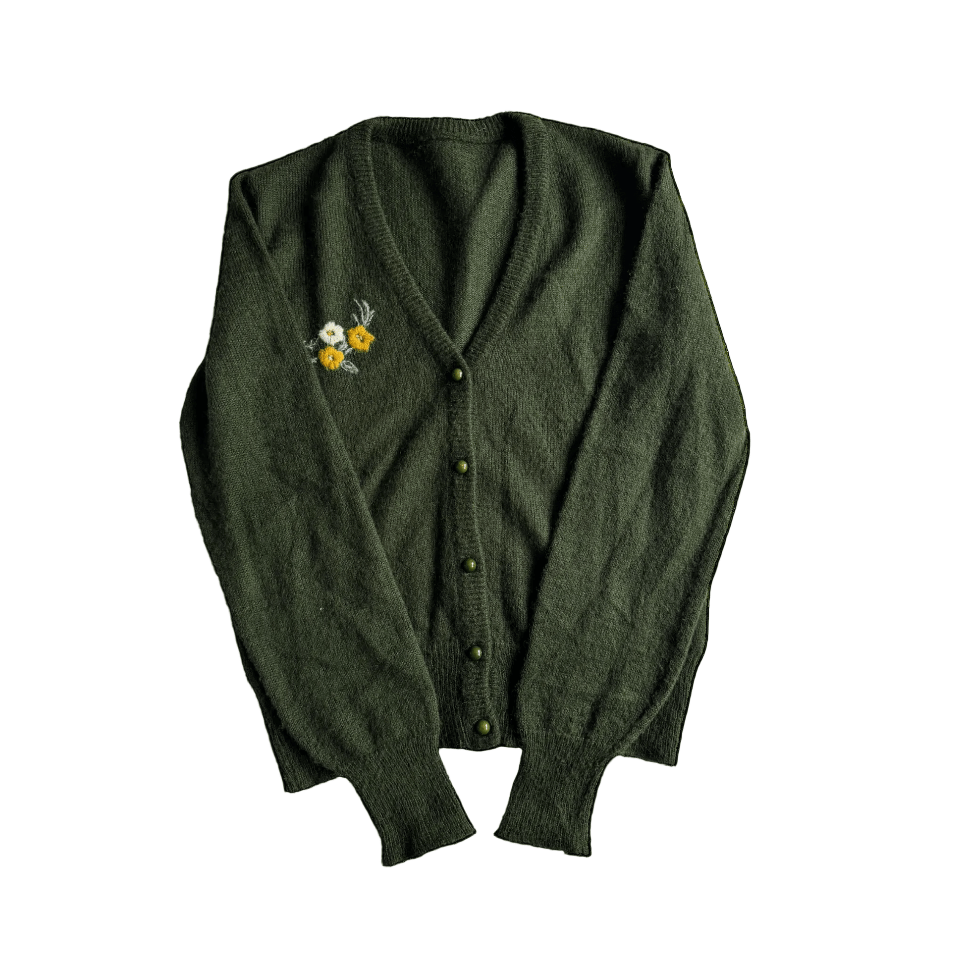 🧶 Cardigan Vintage Damă Verde Închis cu Broderie Florală – M - anbracaminte