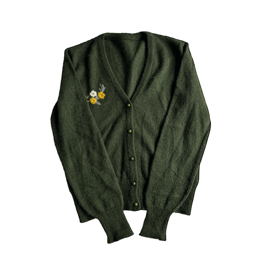 🧶 Cardigan Vintage Damă Verde Închis cu Broderie Florală – M - anbracaminte