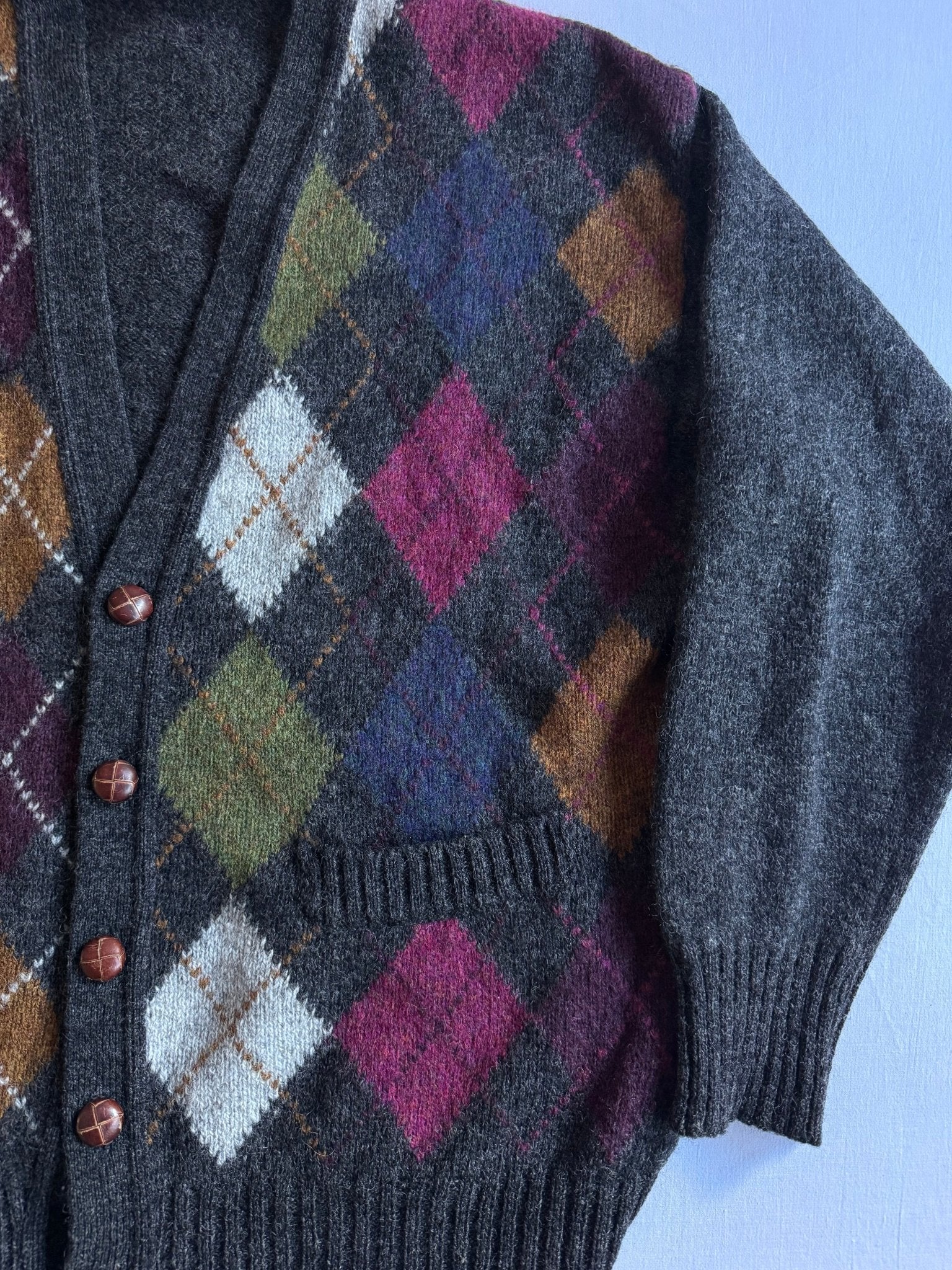 🧶 Cardigan Vintage Gri Închis cu Model Argyle (Mărime L) - anbracaminte