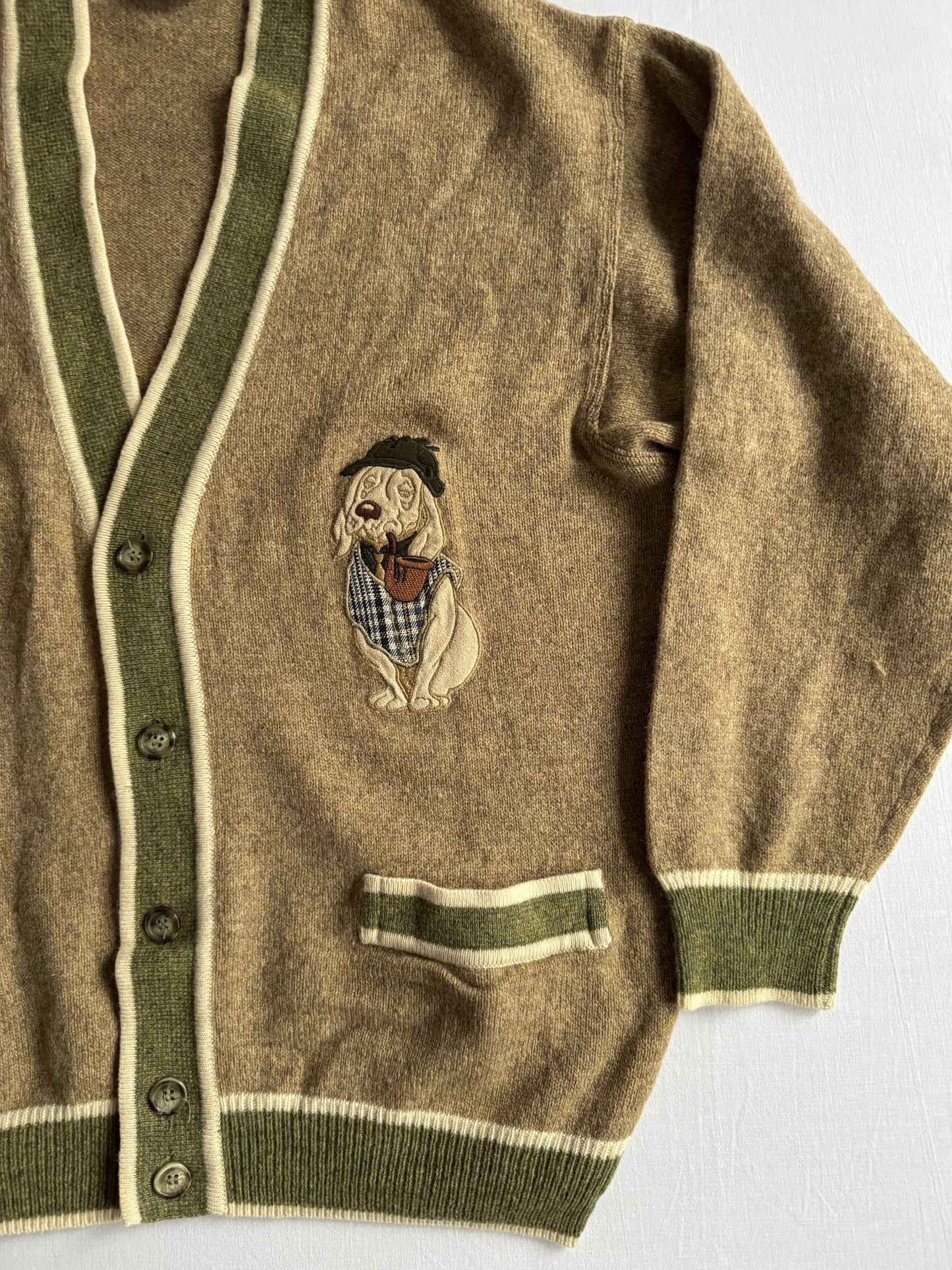 🧶 Cardigan Vintage Oatmeal cu Broderie Câine / Tricot (Mărime M) - anbracaminte