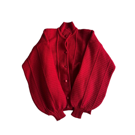 🧶 Cardigan Vintage Oversized Roșu / Chunky Knit cu mâneci bufante (Mărime aproximativă M - L Femei) - anbracaminte
