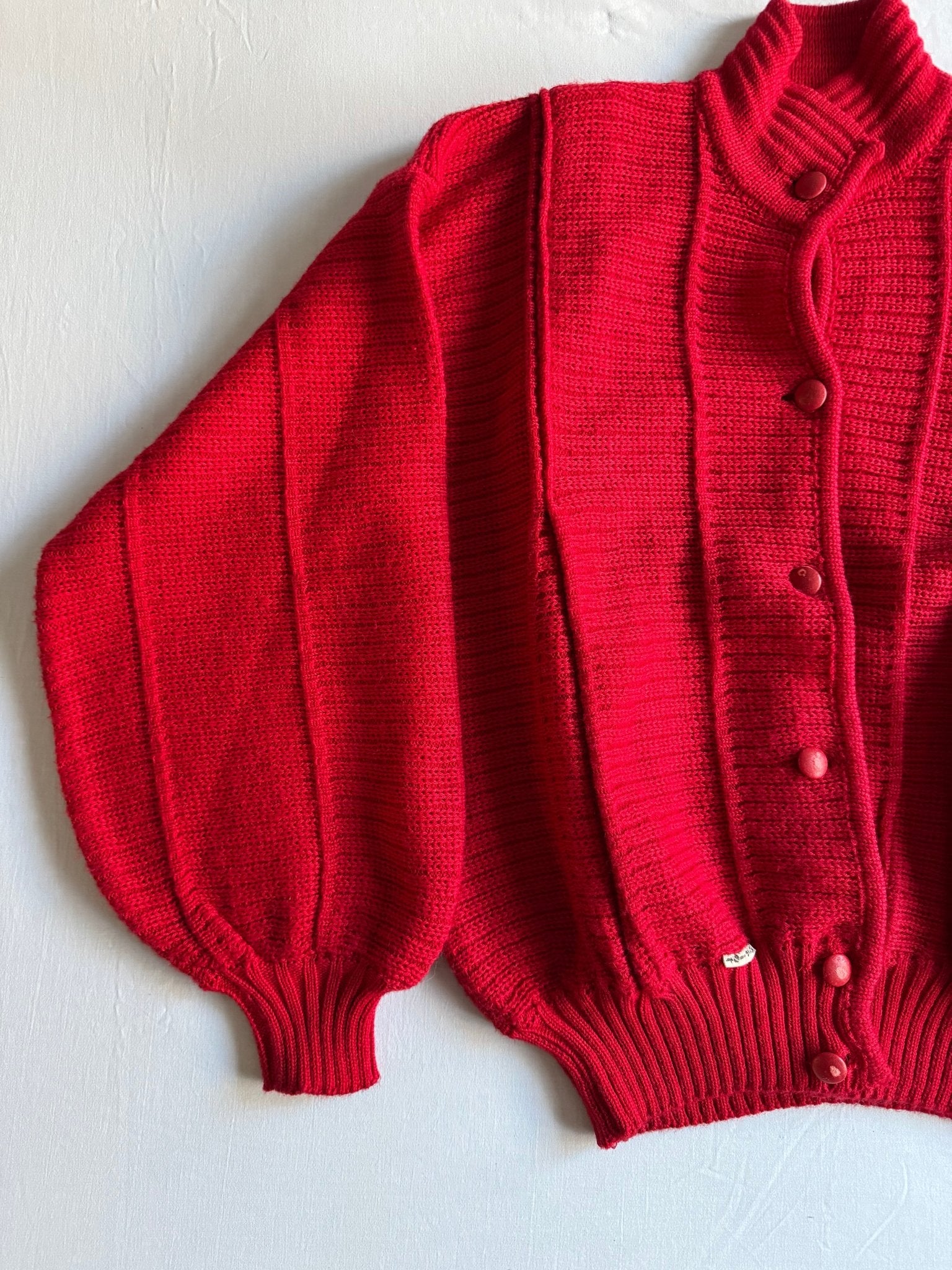 🧶 Cardigan Vintage Oversized Roșu / Chunky Knit cu mâneci bufante (Mărime aproximativă M - L Femei) - anbracaminte