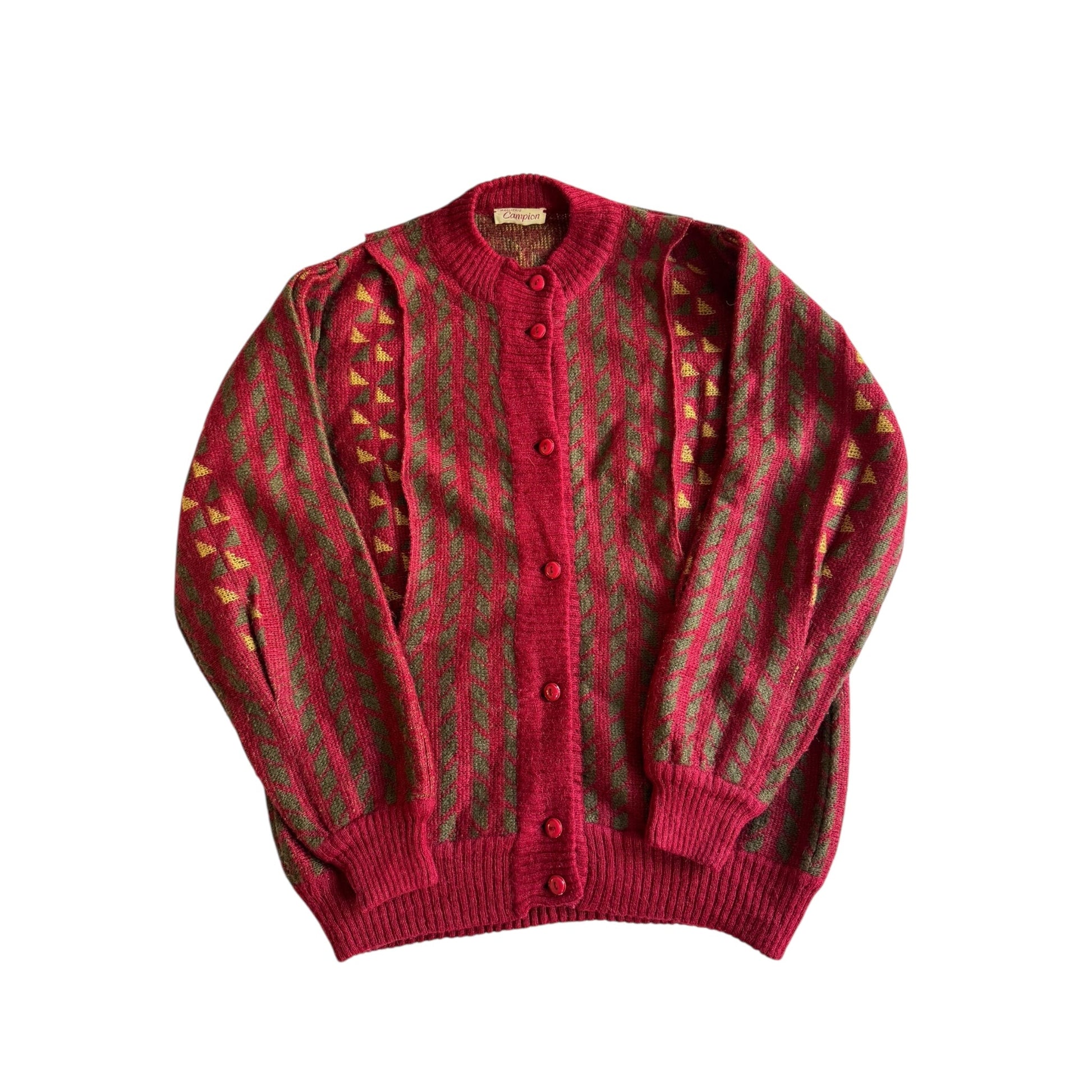 🧶 Cardigan Vintage Roșu cu Model, Mohair & Lână (Mărime IT 44 / Women’s L) - anbracaminte