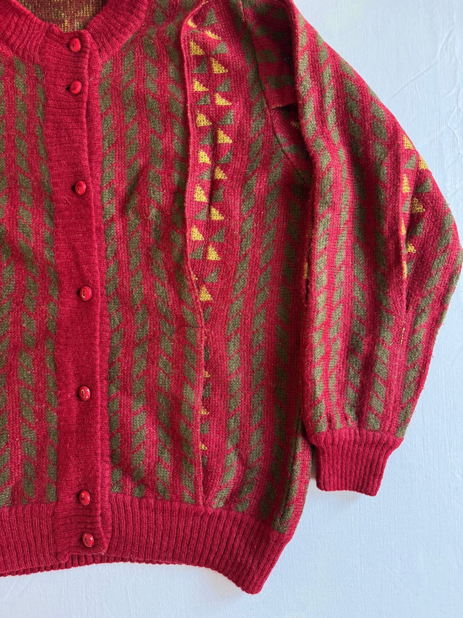 🧶 Cardigan Vintage Roșu cu Model, Mohair & Lână (Mărime IT 44 / Women’s L) - anbracaminte
