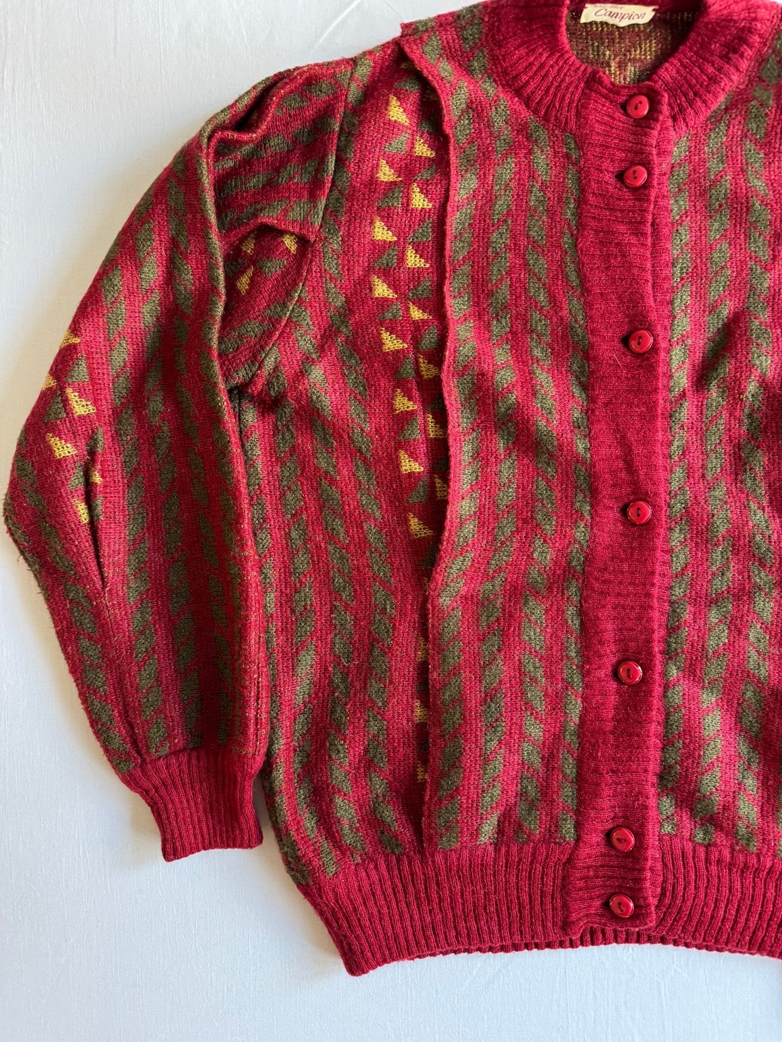 🧶 Cardigan Vintage Roșu cu Model, Mohair & Lână (Mărime IT 44 / Women’s L) - anbracaminte