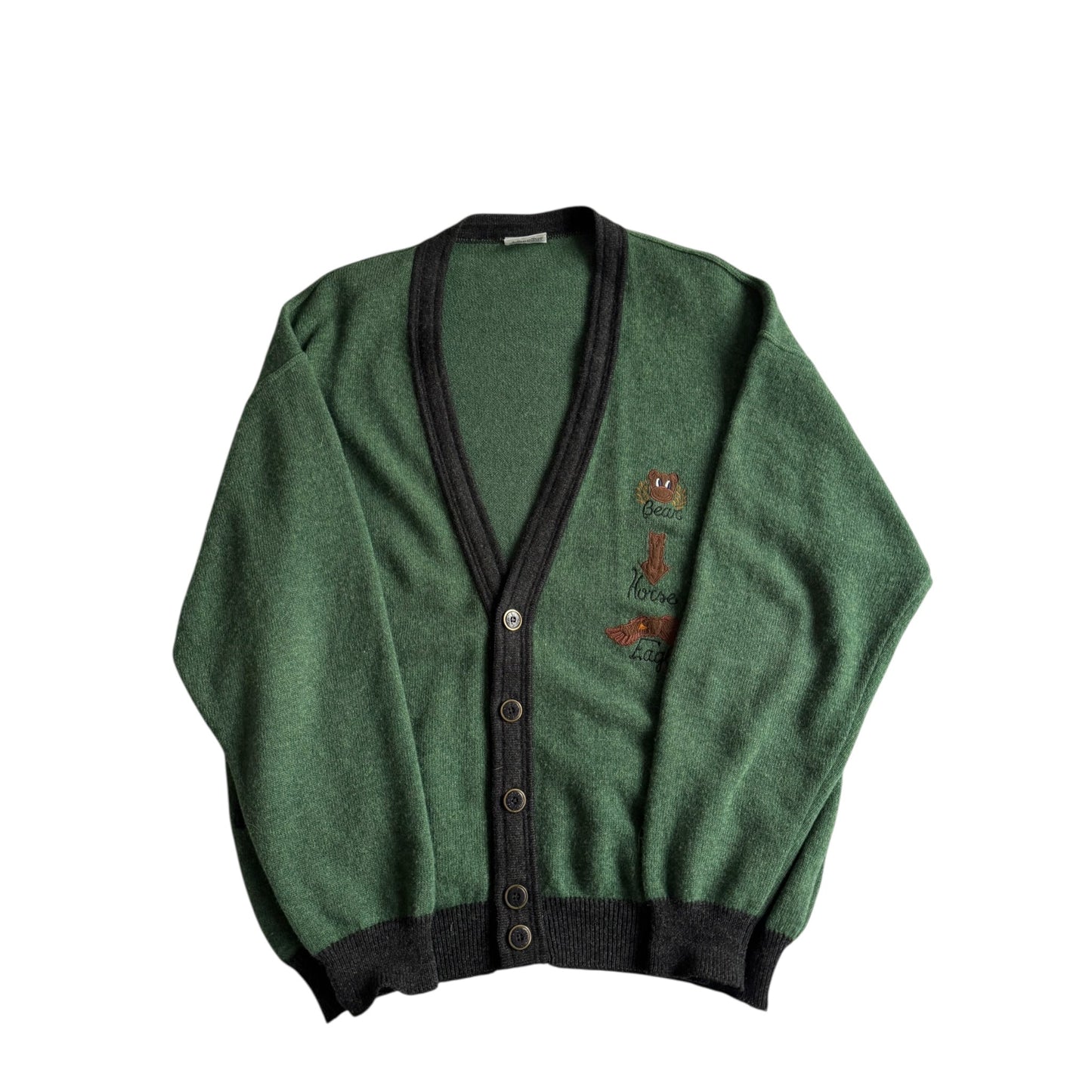 🐻 Cardigan Vintage Verde cu Broderie Animal – XL Bărbați - anbracaminte