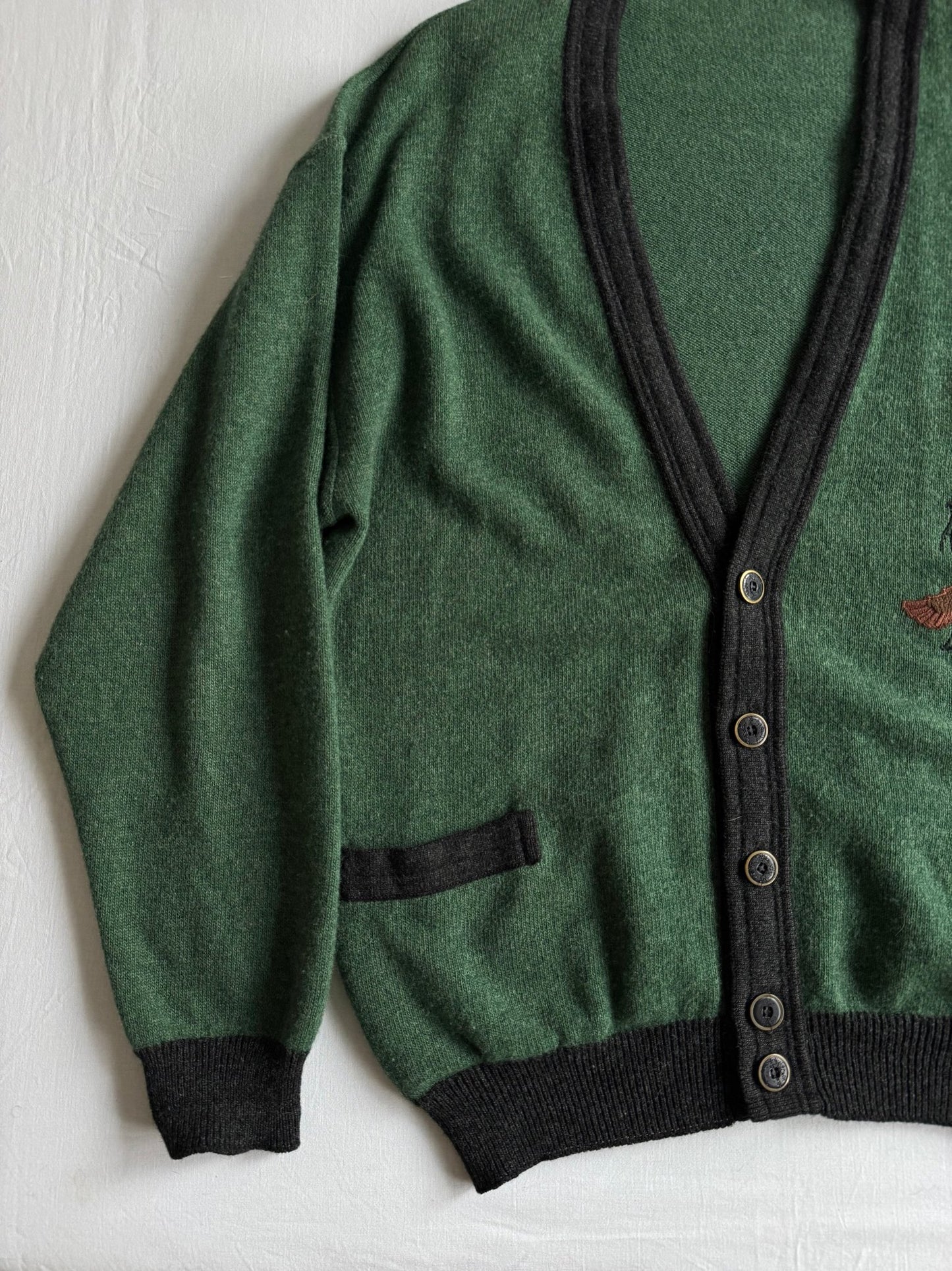 🐻 Cardigan Vintage Verde cu Broderie Animal – XL Bărbați - anbracaminte
