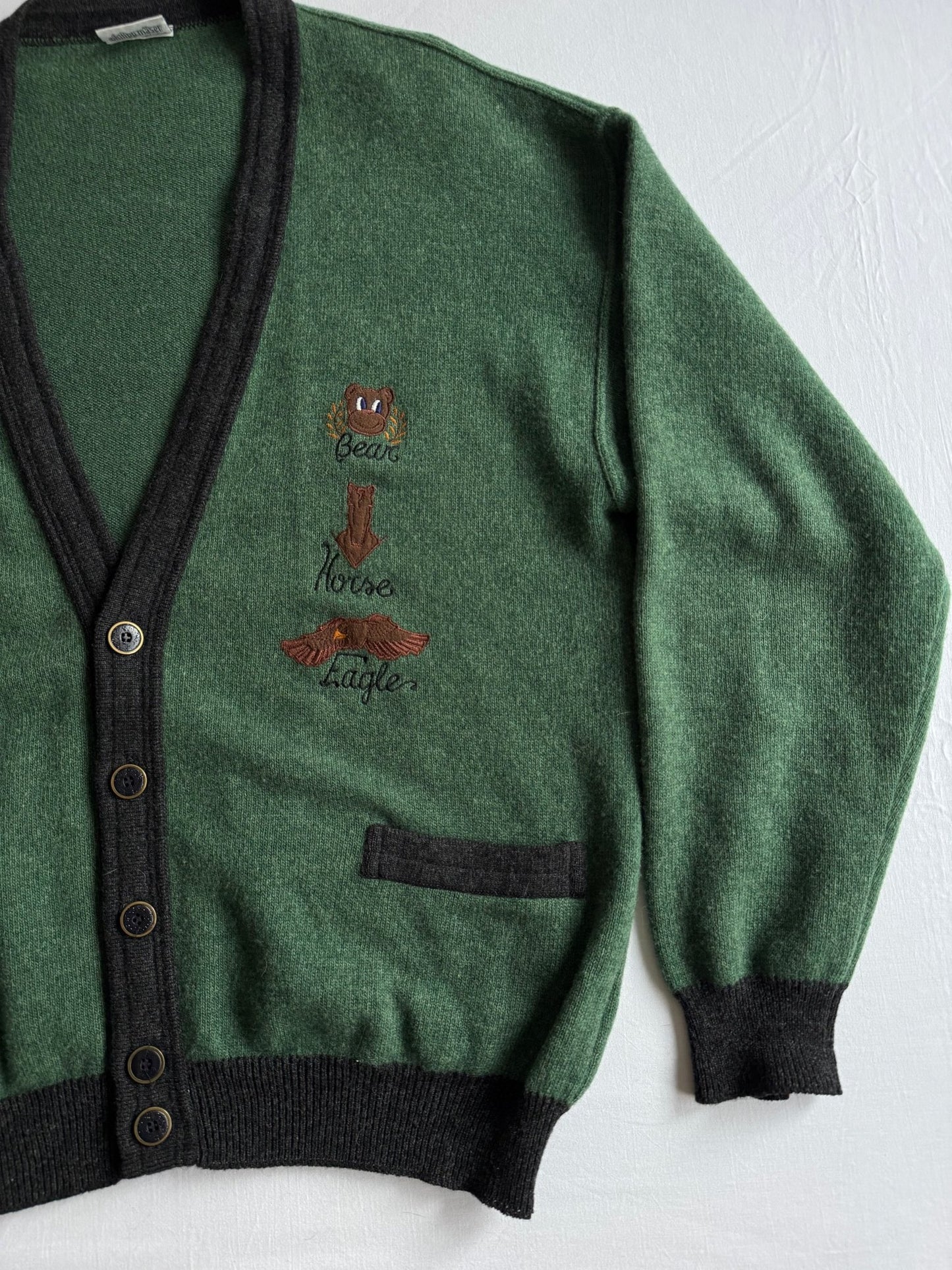 🐻 Cardigan Vintage Verde cu Broderie Animal – XL Bărbați - anbracaminte