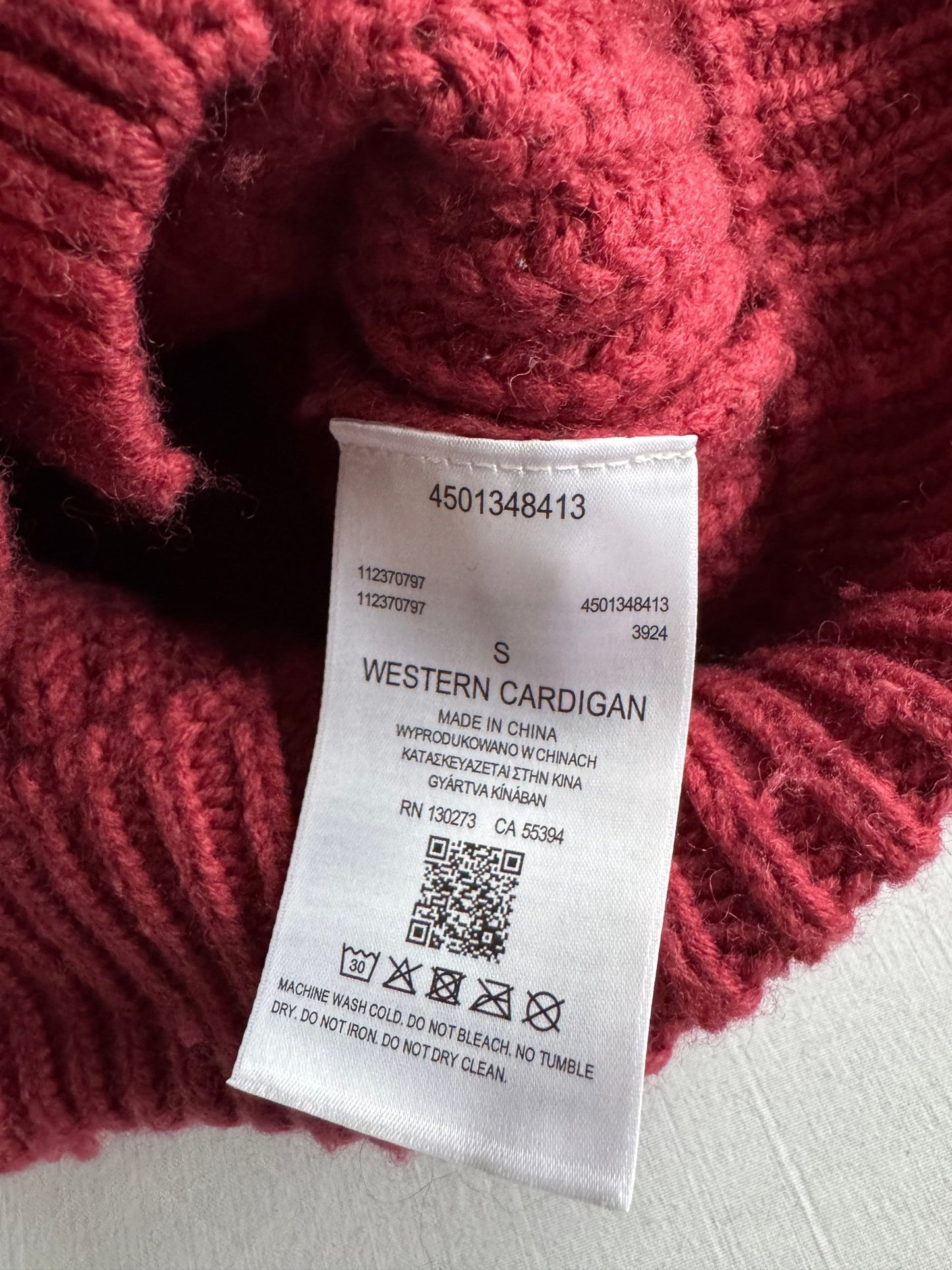 🧶 Cardigan Western Damă Wrangler Earth Red din Blend Lână – S - anbracaminte
